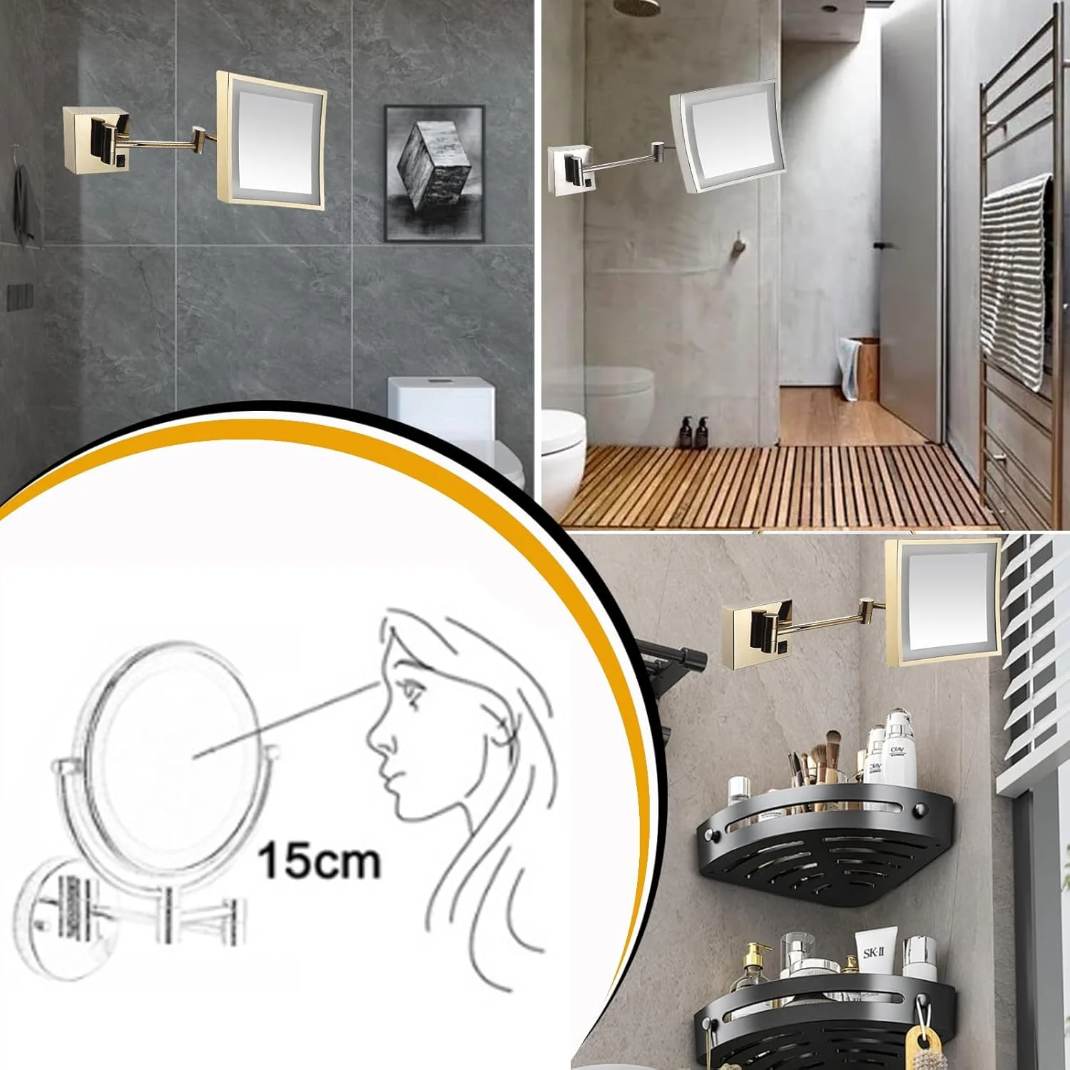 آینه مربعی دیواری، آینه روشویی دیواری ال ای دی، آینه اصلاح چرخشی و قابل افزایش، آینه آرایش با چراغ و بزرگنمایی 3 برابر، اتصال پلاگین، سفید