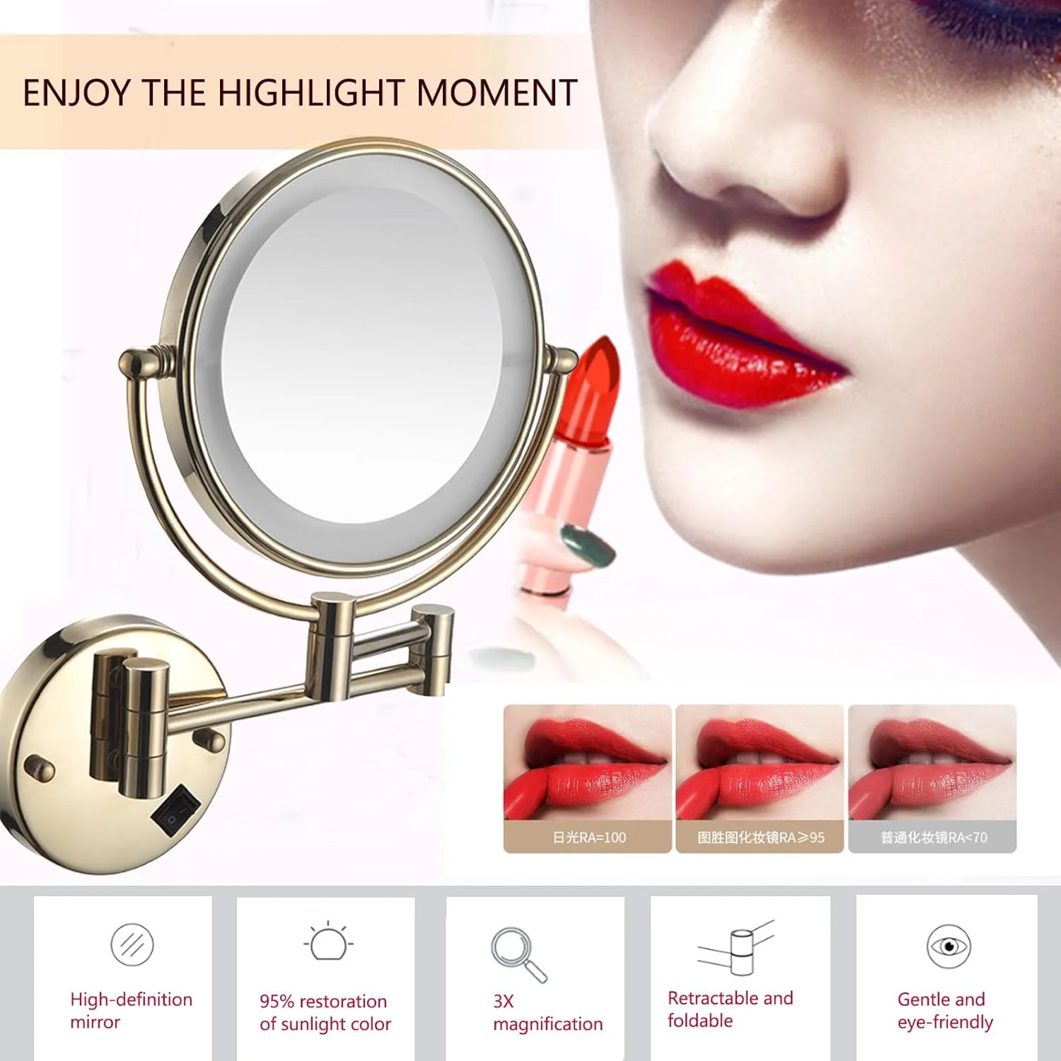 آینه آرایشی دیواری 8 اینچی، آینه آرایشی گرد دیواری با نور LED، آینه حمام دیواری با چراغ و بزرگنمایی، آینه دیواری چراغ دار دو طرفه چرخان و قابل افزایش