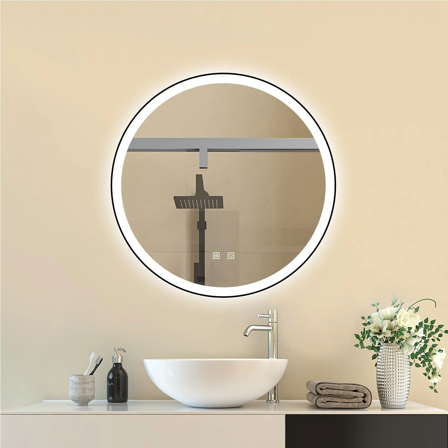 آینه گرد 800 میلی‌متری حمام با چراغ‌های LED، ضد بخار و دیمر، دارای حسگر لمسی سه رنگ و قاب فلزی مشکی، قابل نصب روی دیوار