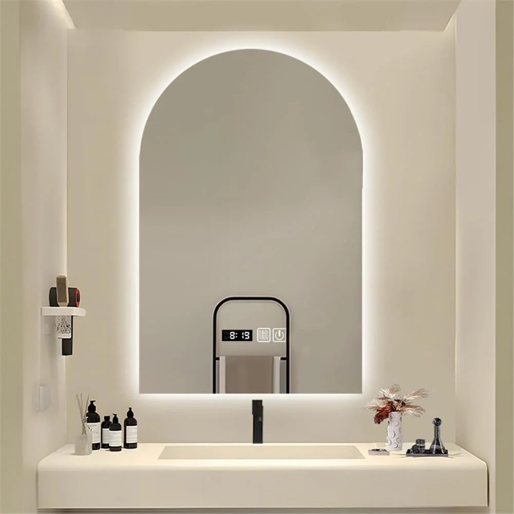 آینه روشویی LED، آینه قوسی هوشمند چراغ دار، آینه دیواری با چراغ، آینه تزئینی کم مصرف با قابلیت تنظیم نور در 3 رنگ (60x80 سانتی متر)