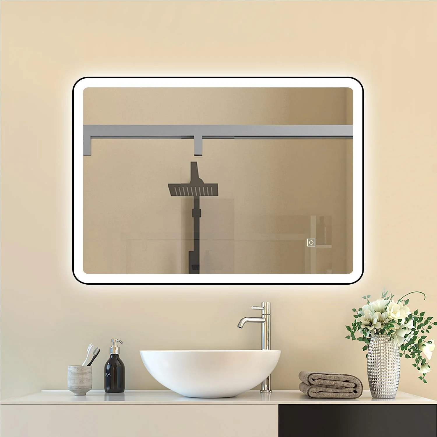 آینه حمام 700x500 میلی‌متری با چراغ‌های LED، ضد بخار، دیمر و حسگر لمسی سه رنگ، آینه‌های حمام دیواری با قاب فلزی مشکی