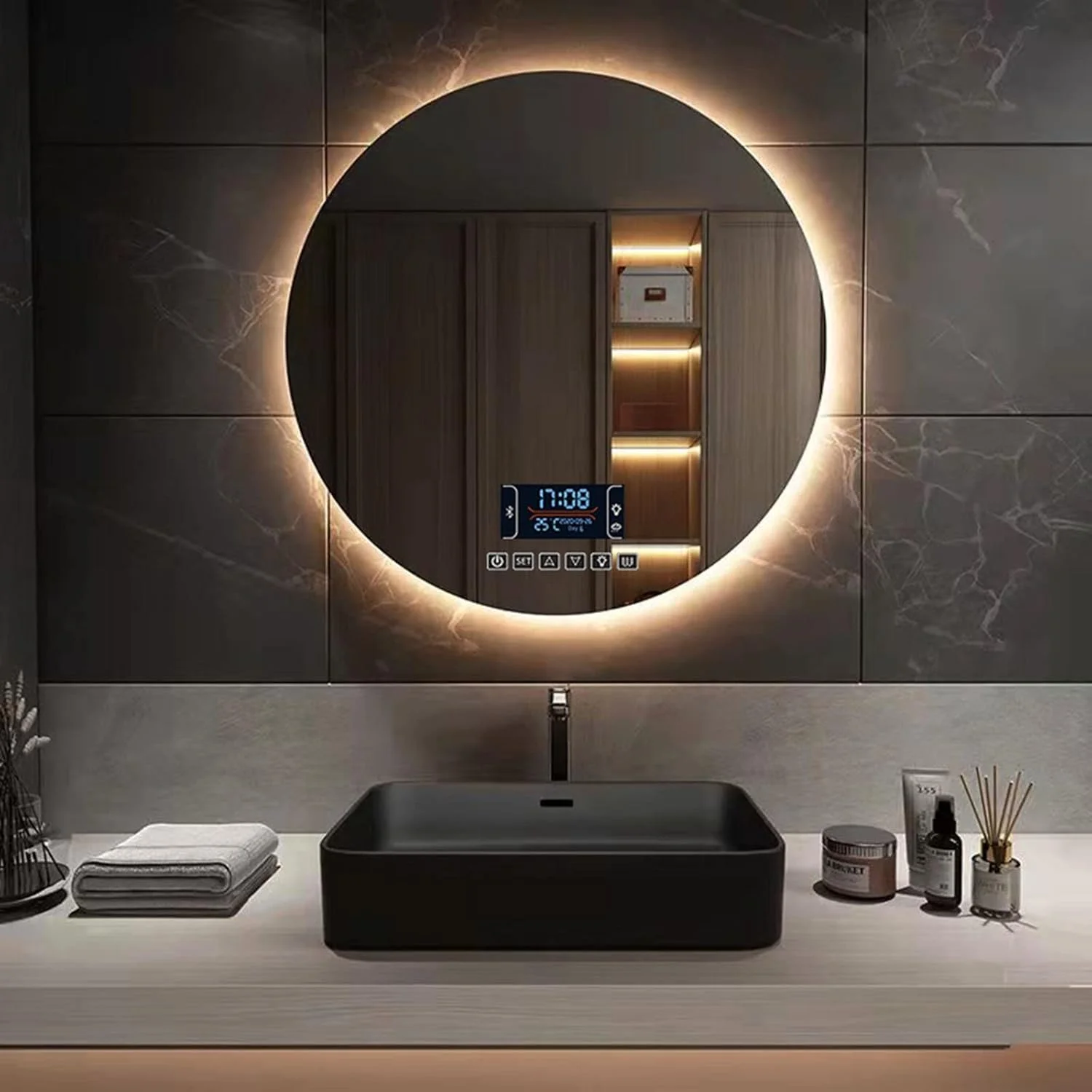 آینه گرد ال ای دی بلوتوث دار حمام با نور 50cm 60cm 70cm 80cm، آینه های روشویی ال ای دی دار با ضد بخار، نصب شده روی دیوار و ضد مه (رنگ: آینه بلوتوث دار، اندازه: گرد 700 میلی متر) (بلوتوث