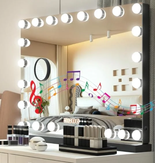 آینه آرایشی با بلندگوی بلوتوث، آینه آرایشی با 28 چراغ کم نور و بزرگنمایی 10 برابر، آینه هالیوودی با 3 حالت رنگی، آینه آرایشی ال ای دی با USB (مشکی، 70x55 سانتی متر)