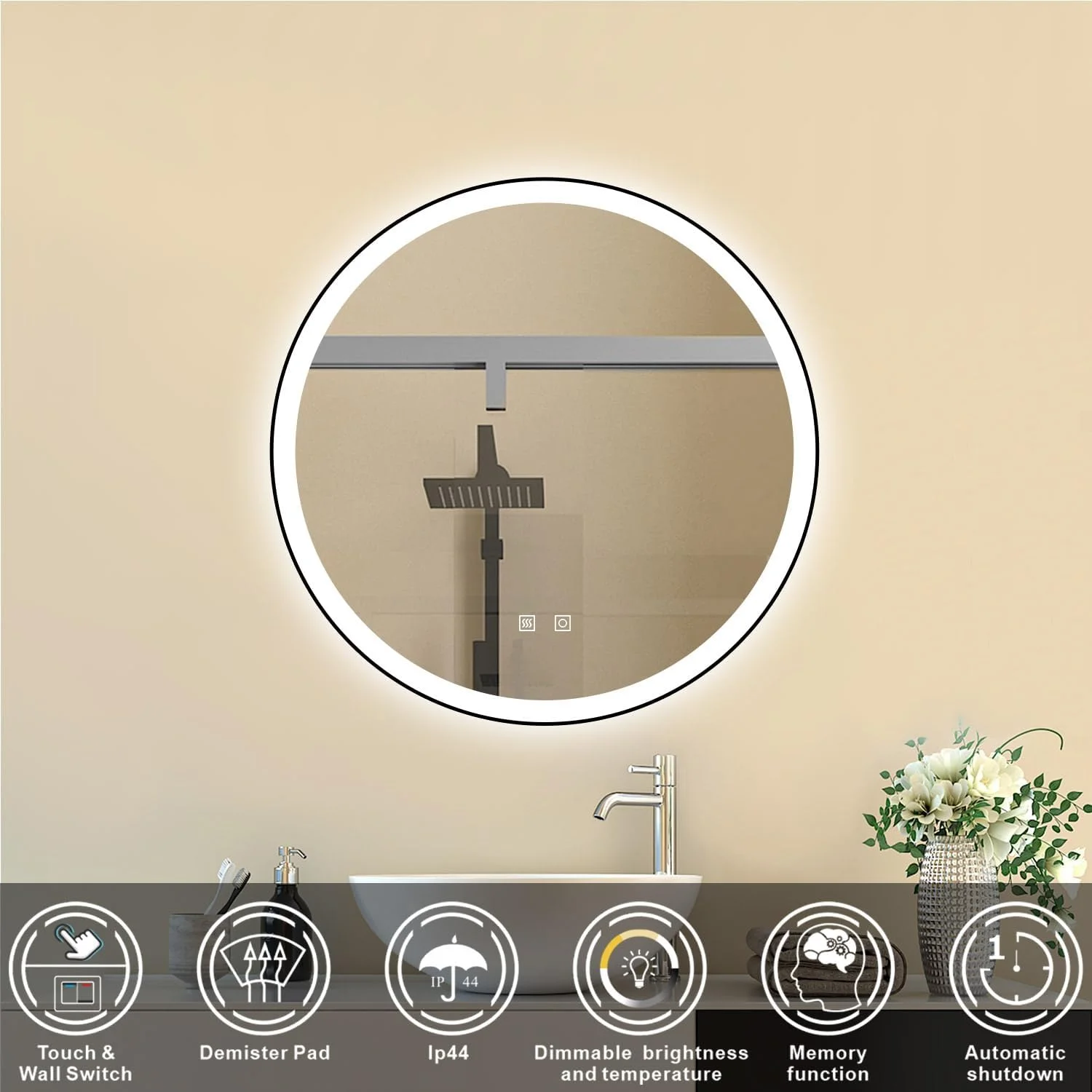 آینه گرد 800 میلی‌متری حمام با چراغ‌های LED، ضد بخار و دیمر، دارای حسگر لمسی سه رنگ و قاب فلزی مشکی، قابل نصب روی دیوار