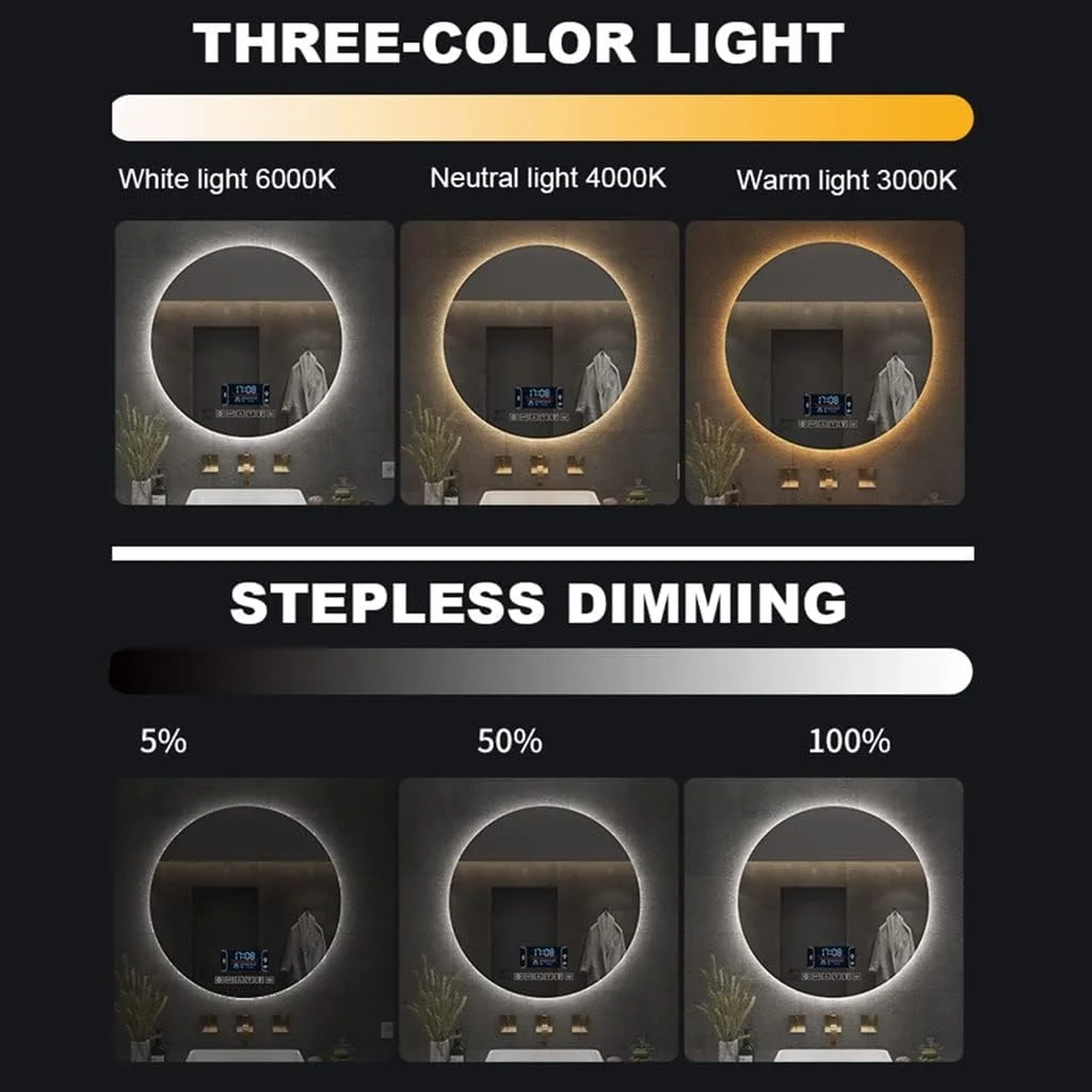 آینه گرد ال ای دی بلوتوث دار حمام با نور 50cm 60cm 70cm 80cm، آینه های روشویی ال ای دی دار با ضد بخار، نصب شده روی دیوار و ضد مه (رنگ: آینه بلوتوث دار، اندازه: گرد 700 میلی متر) (بلوتوث