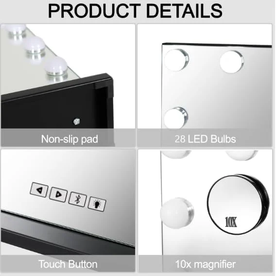 آینه آرایشی با بلندگوی بلوتوث، آینه آرایشی با 28 چراغ کم نور و بزرگنمایی 10 برابر، آینه هالیوودی با 3 حالت رنگی، آینه آرایشی ال ای دی با USB (مشکی، 70x55 سانتی متر)