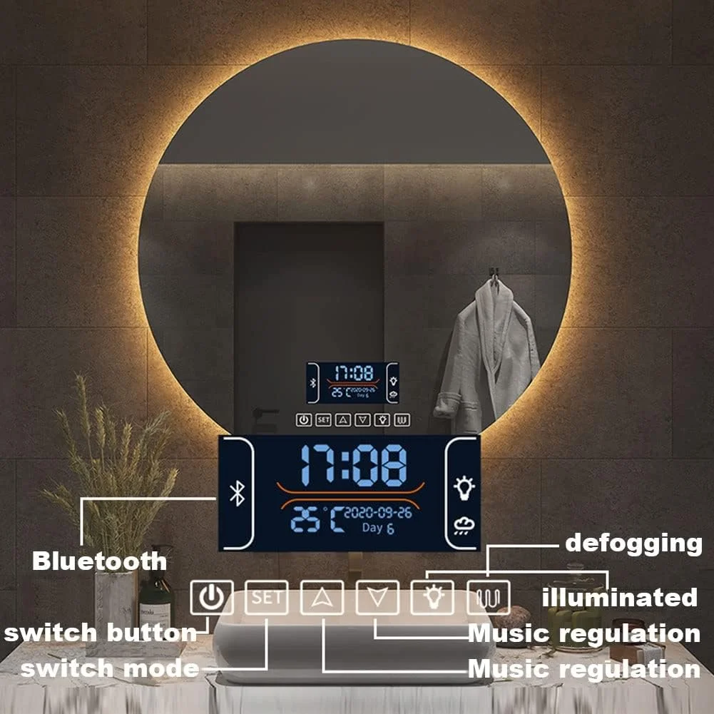 آینه گرد ال ای دی بلوتوث دار حمام با نور 50cm 60cm 70cm 80cm، آینه های روشویی ال ای دی دار با ضد بخار، نصب شده روی دیوار و ضد مه (رنگ: آینه بلوتوث دار، اندازه: گرد 700 میلی متر) (بلوتوث
