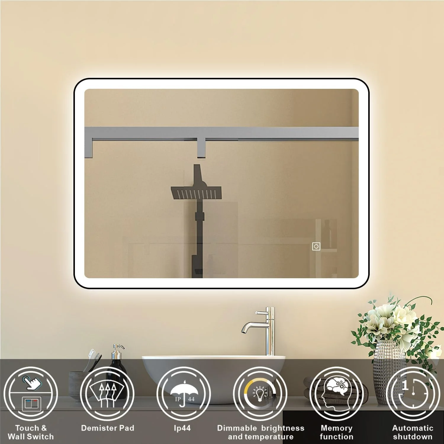 آینه حمام 700x500 میلی‌متری با چراغ‌های LED، ضد بخار، دیمر و حسگر لمسی سه رنگ، آینه‌های حمام دیواری با قاب فلزی مشکی