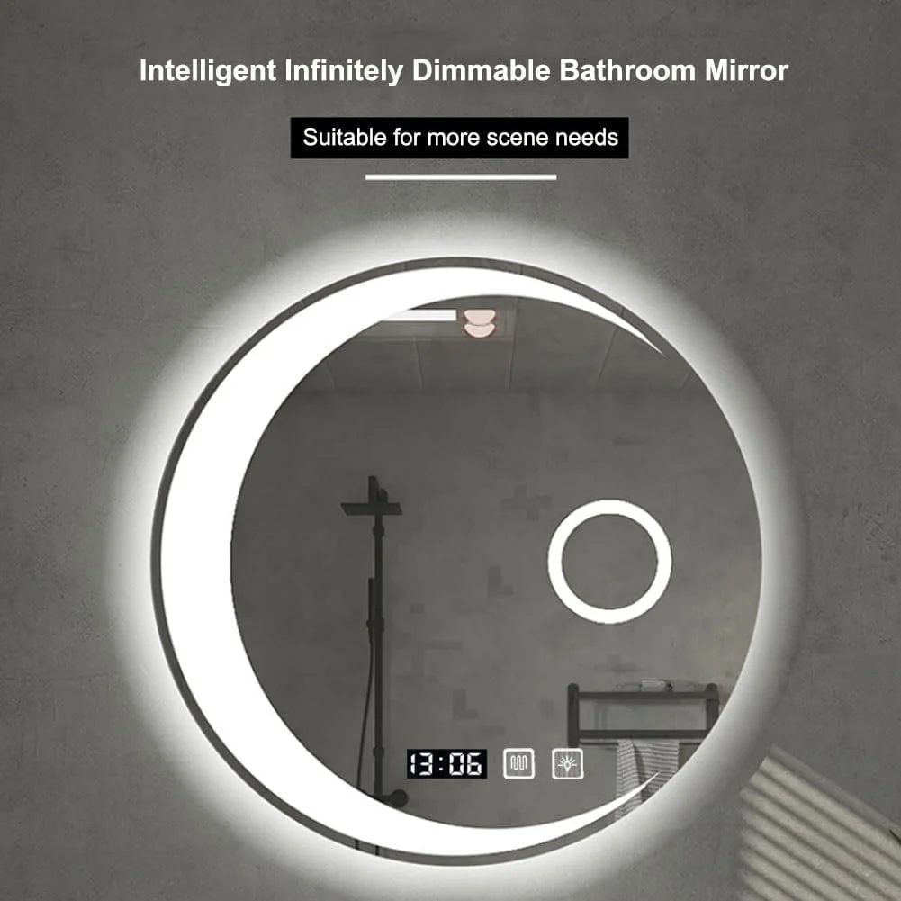 آینه دیواری ماه گرد، آینه حمام با نورپردازی ال ای دی، ضد بخار، آینه آرایش بزرگ نصب شده روی دیوار، دکمه لمسی، دیمر دار، 3 رنگ دیمر دار، 60 سانتی متر