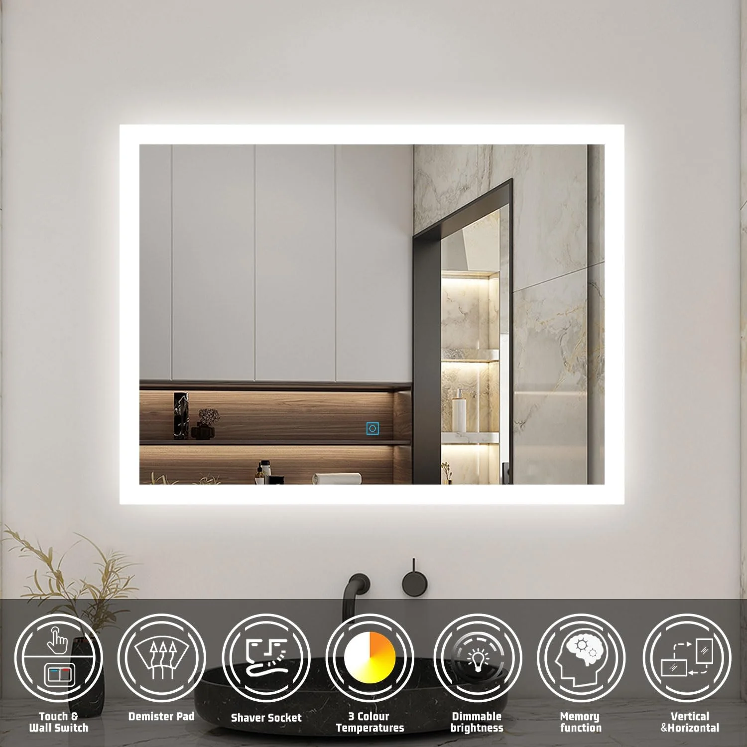 آینه ال ای دی حمام با پریز ریش تراش و 2 پورت USB، ابعاد 800x600 میلی متر، با قابلیت تنظیم نور در 3 رنگ، دارای پد ضد بخار، کنترل با سنسور لمسی، قابل نصب به صورت عمودی و افقی آینه ال ای دی حمام با پریز ریش تراش و 2 پورت USB، ابعاد 800x600 میلی متر، با قابلیت تنظیم نور در 3 رنگ، دارای پد ضد بخار، کنترل با سنسور لمسی، قابل نصب به صورت عمودی و افقی