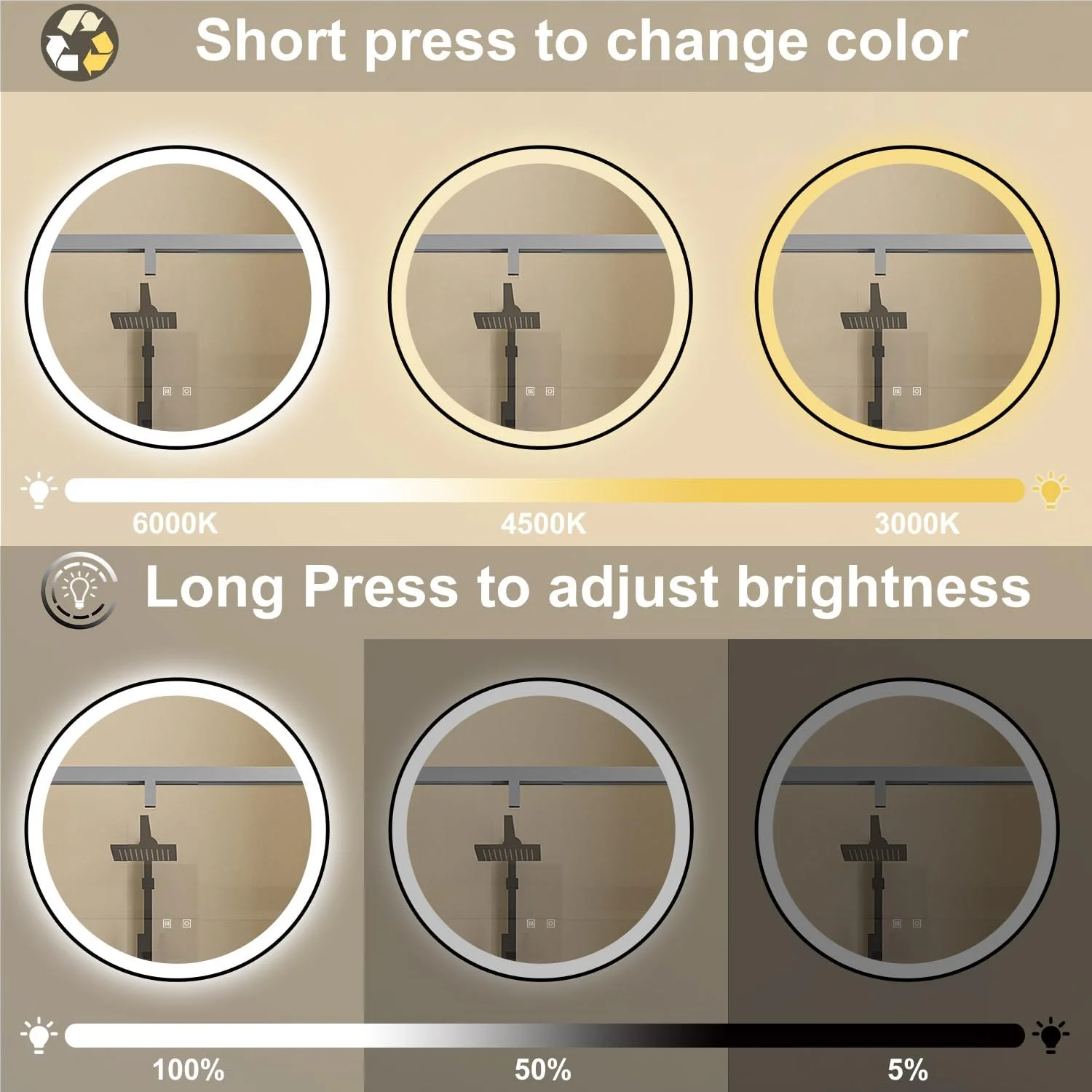 آینه گرد 800 میلی‌متری حمام با چراغ‌های LED، ضد بخار و دیمر، دارای حسگر لمسی سه رنگ و قاب فلزی مشکی، قابل نصب روی دیوار