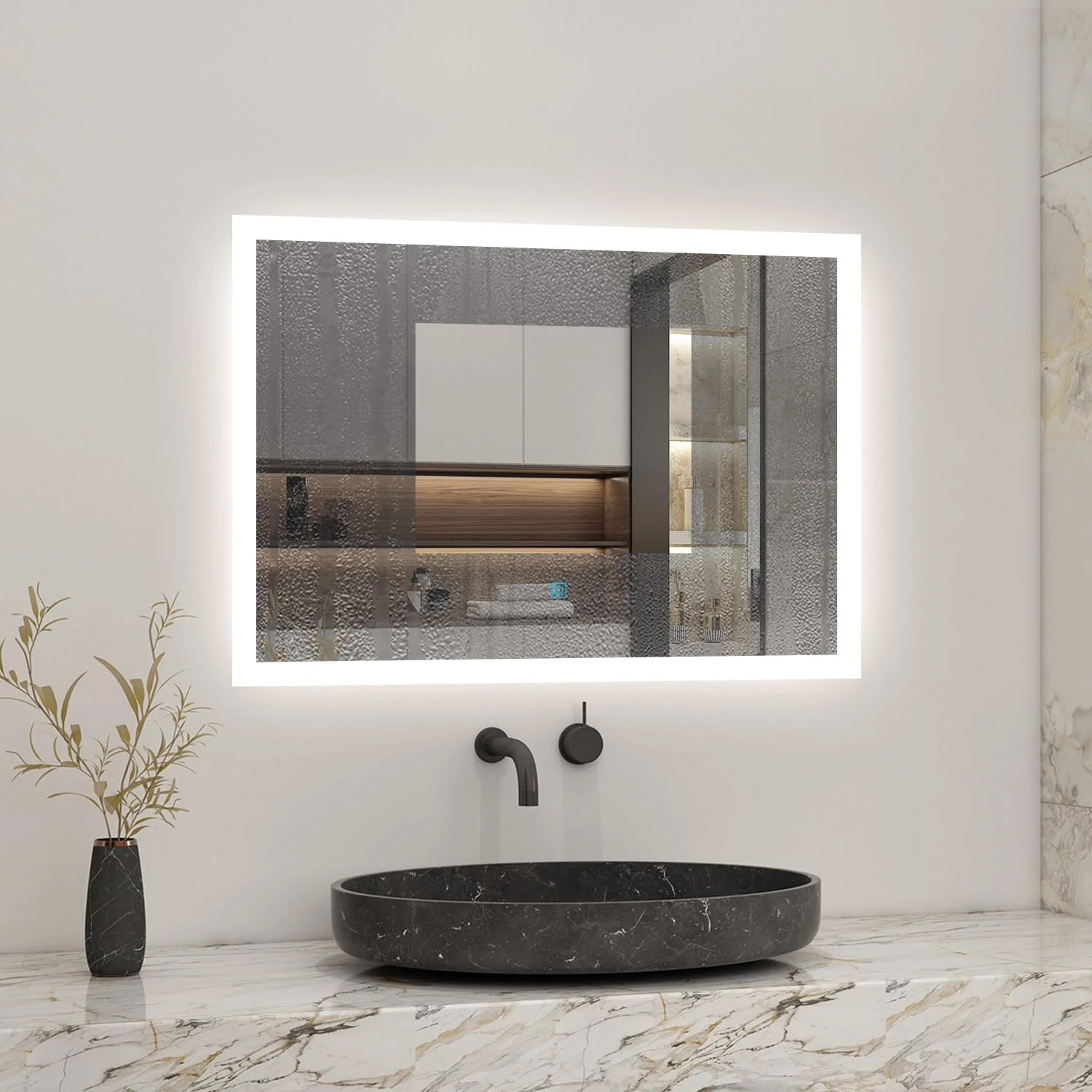 آینه حمام با چراغ های ال ای دی، 800x600 600x800 میلی متر با سیستم ضد بخار، آینه ال ای دی دیواری برای روشویی، نصب عمودی یا افقی