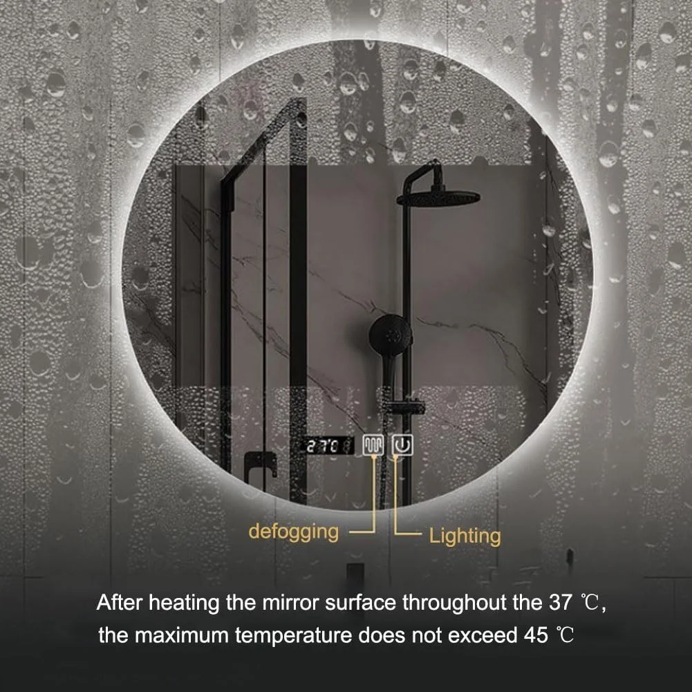 آینه دیواری ماه گرد، آینه حمام با نورپردازی ال ای دی، ضد بخار، آینه آرایش بزرگ نصب شده روی دیوار، دکمه لمسی، دیمر دار، 3 رنگ دیمر دار، 60 سانتی متر