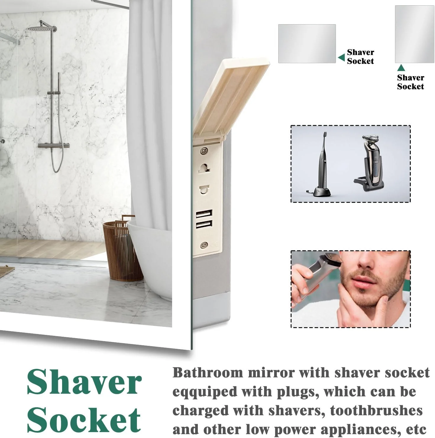 آینه ال ای دی حمام با پریز ریش تراش و 2 پورت USB، ابعاد 800x600 میلی متر، با قابلیت تنظیم نور در 3 رنگ، دارای پد ضد بخار، کنترل با سنسور لمسی، قابل نصب به صورت عمودی و افقی آینه ال ای دی حمام با پریز ریش تراش و 2 پورت USB، ابعاد 800x600 میلی متر، با قابلیت تنظیم نور در 3 رنگ، دارای پد ضد بخار، کنترل با سنسور لمسی، قابل نصب به صورت عمودی و افقی