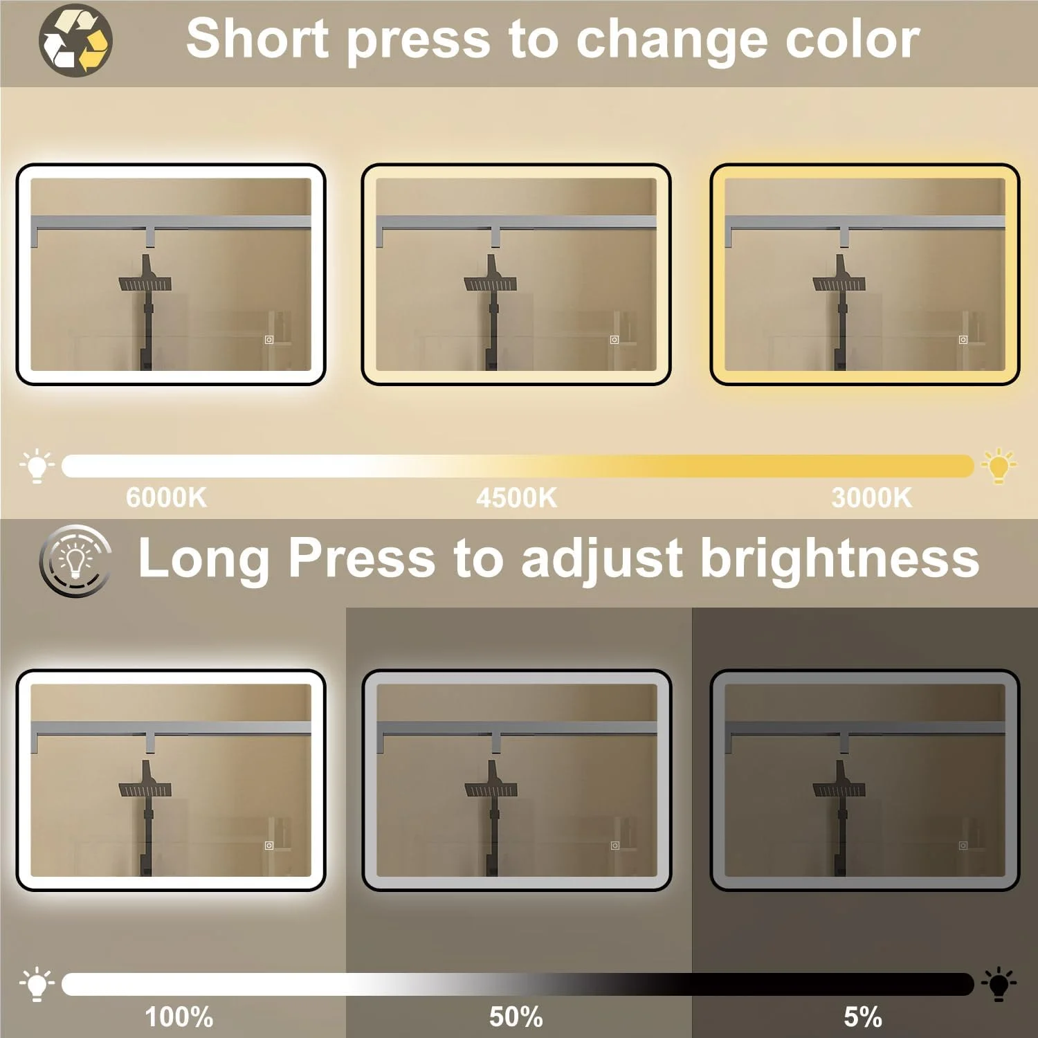 آینه حمام 700x500 میلی‌متری با چراغ‌های LED، ضد بخار، دیمر و حسگر لمسی سه رنگ، آینه‌های حمام دیواری با قاب فلزی مشکی