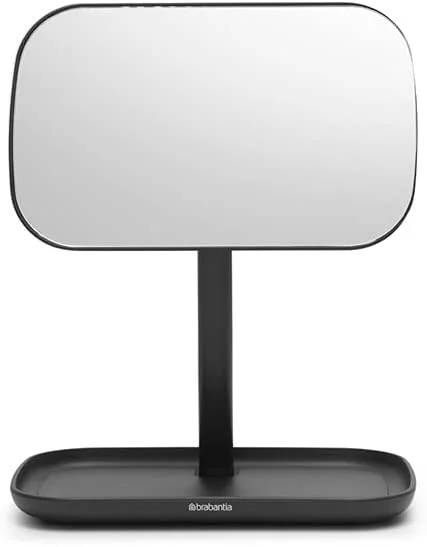 آینه آرایشی قابل تنظیم 360 درجه Brabantia ReNew با پایه و سینی ذخیره سازی (خاکستری تیره) سینی ضد لغزش برای لوازم آرایش، جواهرات، لوازم اصلاح