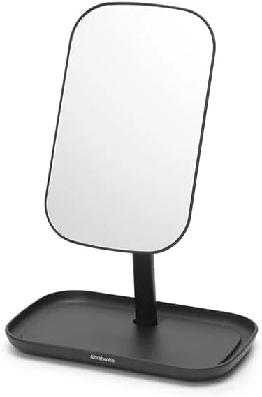 آینه آرایشی قابل تنظیم 360 درجه Brabantia ReNew با پایه و سینی ذخیره سازی (خاکستری تیره) سینی ضد لغزش برای لوازم آرایش، جواهرات، لوازم اصلاح