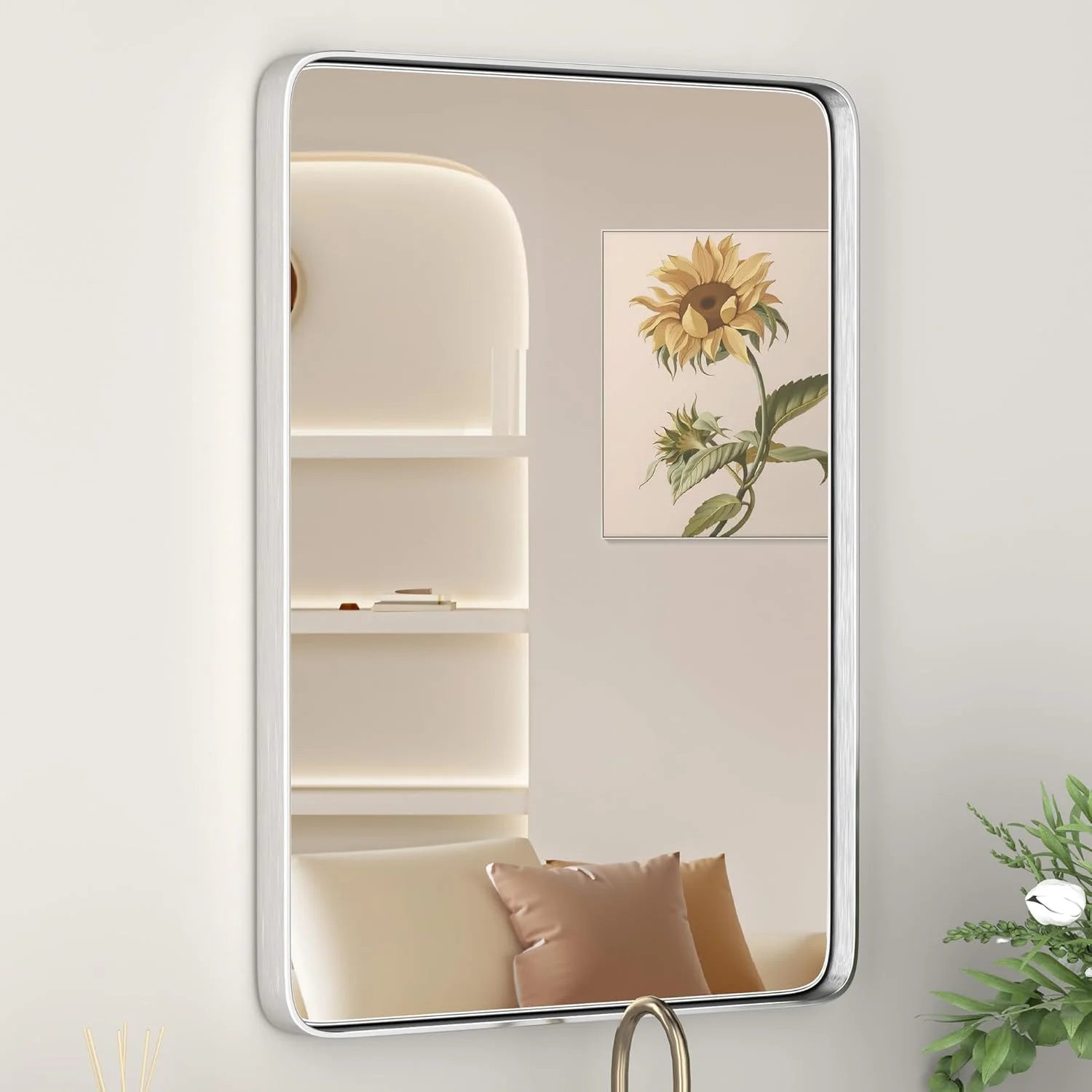 آینه دیواری فلزی نیکل برس خورده برای حمام، آینه مستطیلی گرد 56 در 81 سانتی متر، آینه روشویی مشکی مات، سبک روستایی، نصب افقی یا عمودی