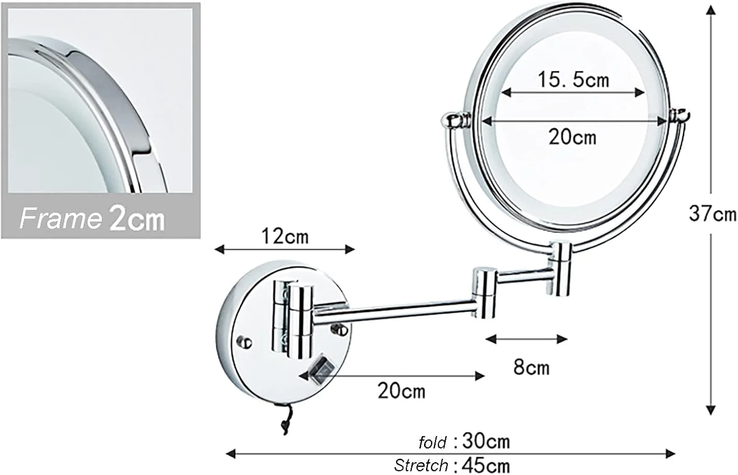 آینه آرایشی دیواری، شیشه دوتایی 8 اینچی، آینه بزرگنمایی LED، آینه بزرگنمایی 7 برابر، آینه آرایش دیواری، آینه حمام چرخان 360 درجه