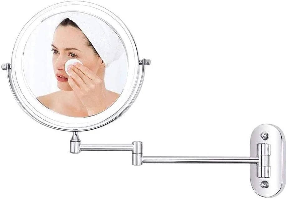 آینه دیواری LED با نور، تغذیه از طریق USB، آینه آرایشی حمام با چرخش 360 درجه و بازوی تلسکوپی، دکمه لمسی با نور قابل تنظیم، ایده آل برای آرایش دقیق