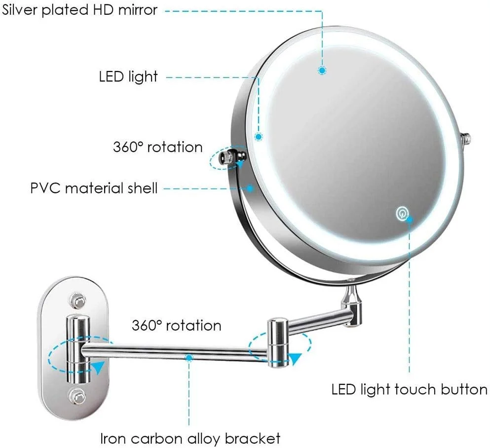 آینه دیواری LED با نور، تغذیه از طریق USB، آینه آرایشی حمام با چرخش 360 درجه و بازوی تلسکوپی، دکمه لمسی با نور قابل تنظیم، ایده آل برای آرایش دقیق