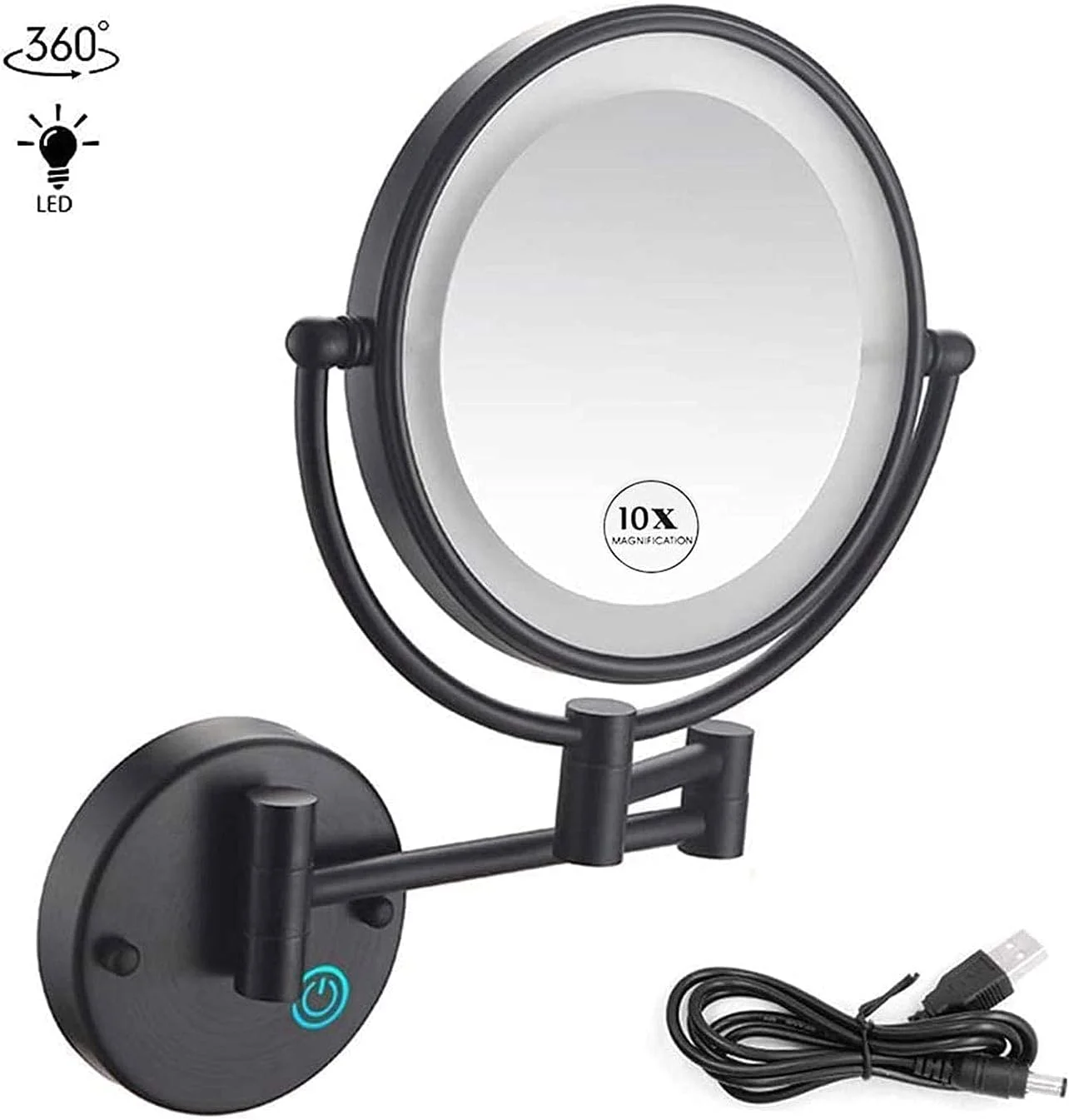 آینه آرایشی دیواری با بزرگنمایی 10 برابر، آینه آرایشی گرد 8 اینچی، آینه دو طرفه چرخان 360 درجه، USB