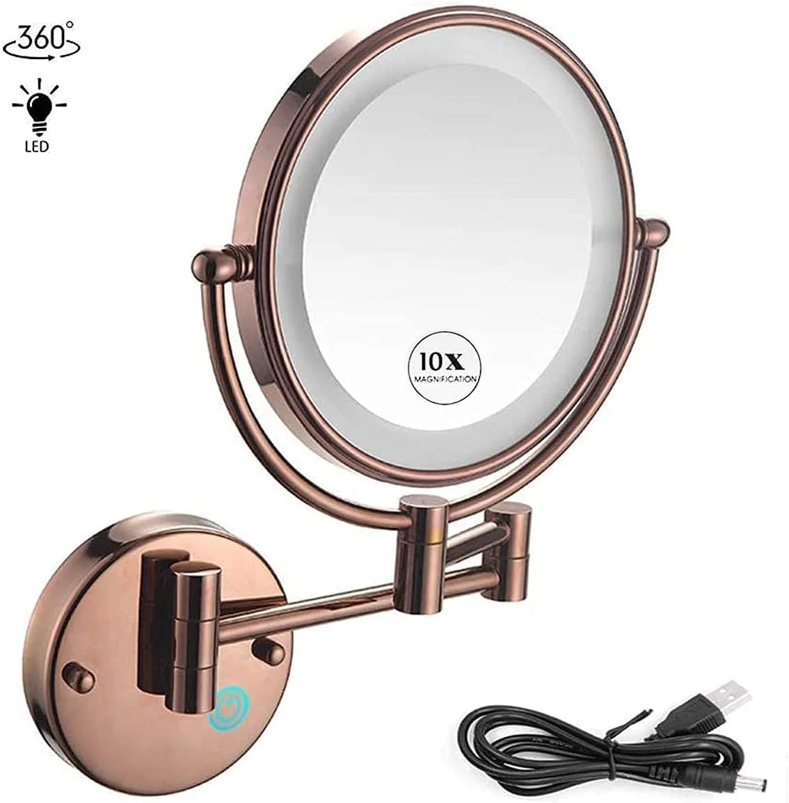 آینه آرایشی دیواری با بزرگنمایی 10 برابر، آینه گرد آرایشی 8 اینچی، آینه دو طرفه چرخان 360 درجه، USB