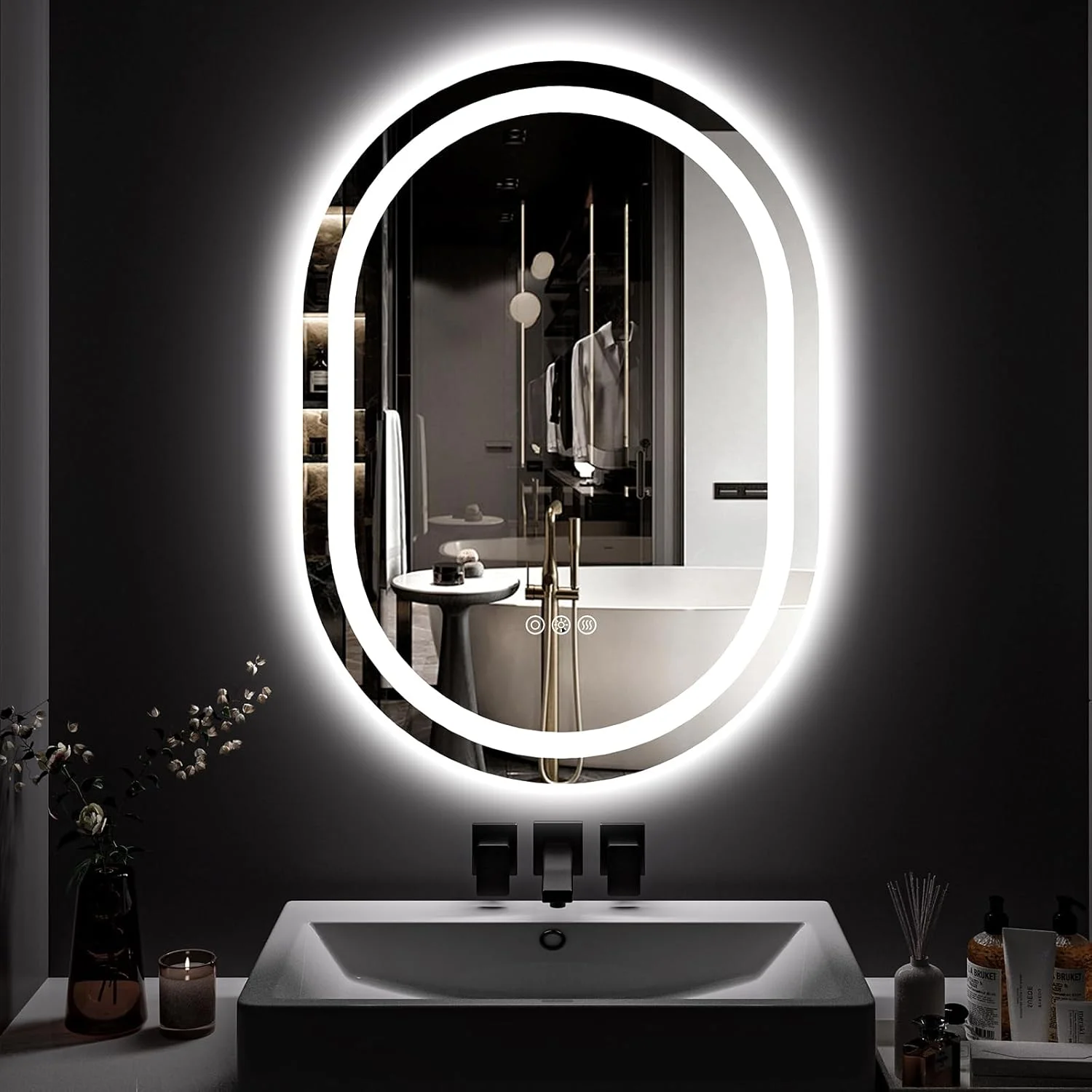 آینه بیضی ال ای دی 600x800 میلی‌متری مناسب حمام، نصب دیواری، با قابلیت تنظیم نور پیوسته، سه دمای رنگی، ضد بخار، نصب افقی/عمودی