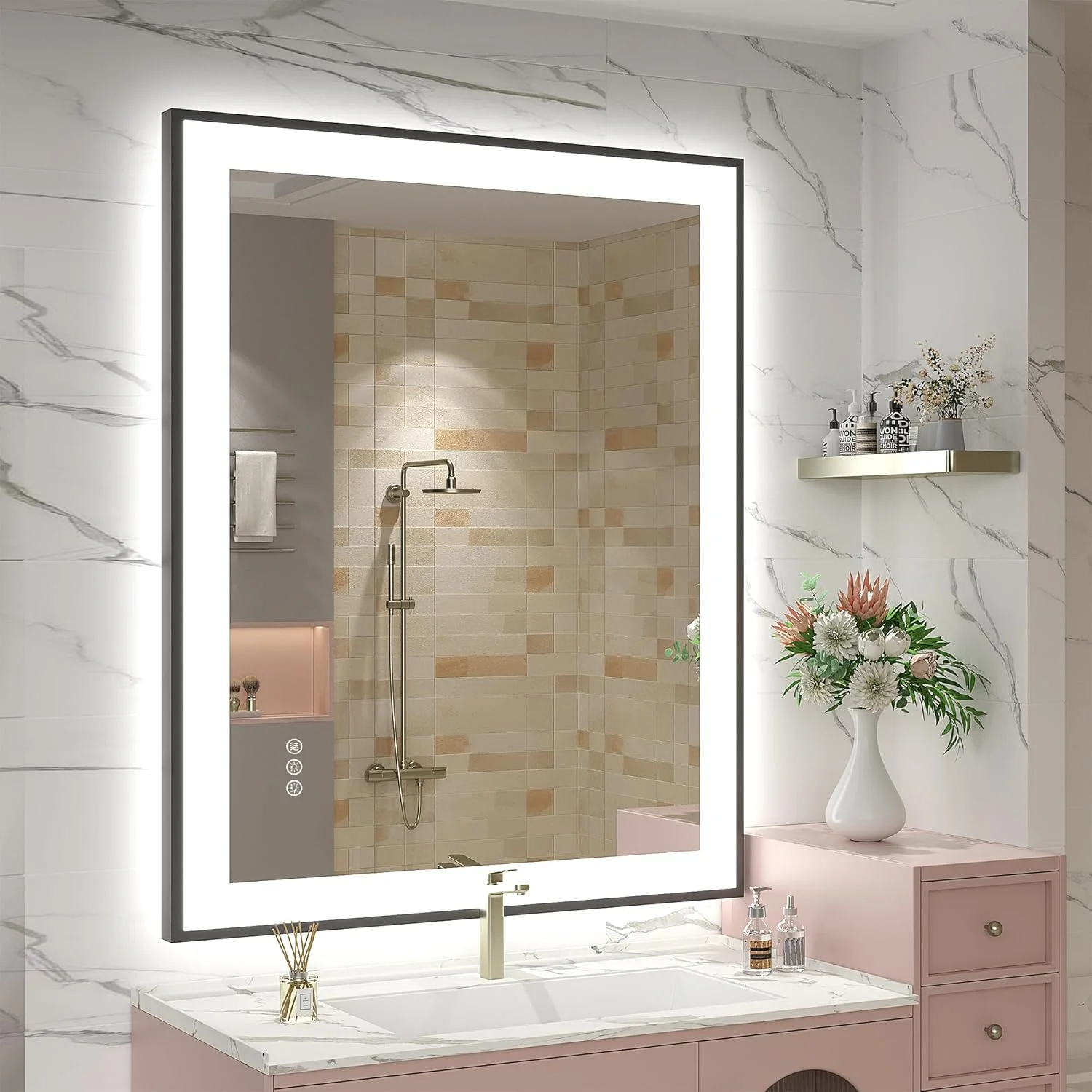 آینه روشویی LED با ابعاد 71x91 سانتی متر، آینه آرایش دیواری دیمردار با قاب مشکی، نور پس زمینه و نور جلو، ضد بخار، شیشه سکوریت ضد خرد شدن، حافظه، نصب افقی و عمودی