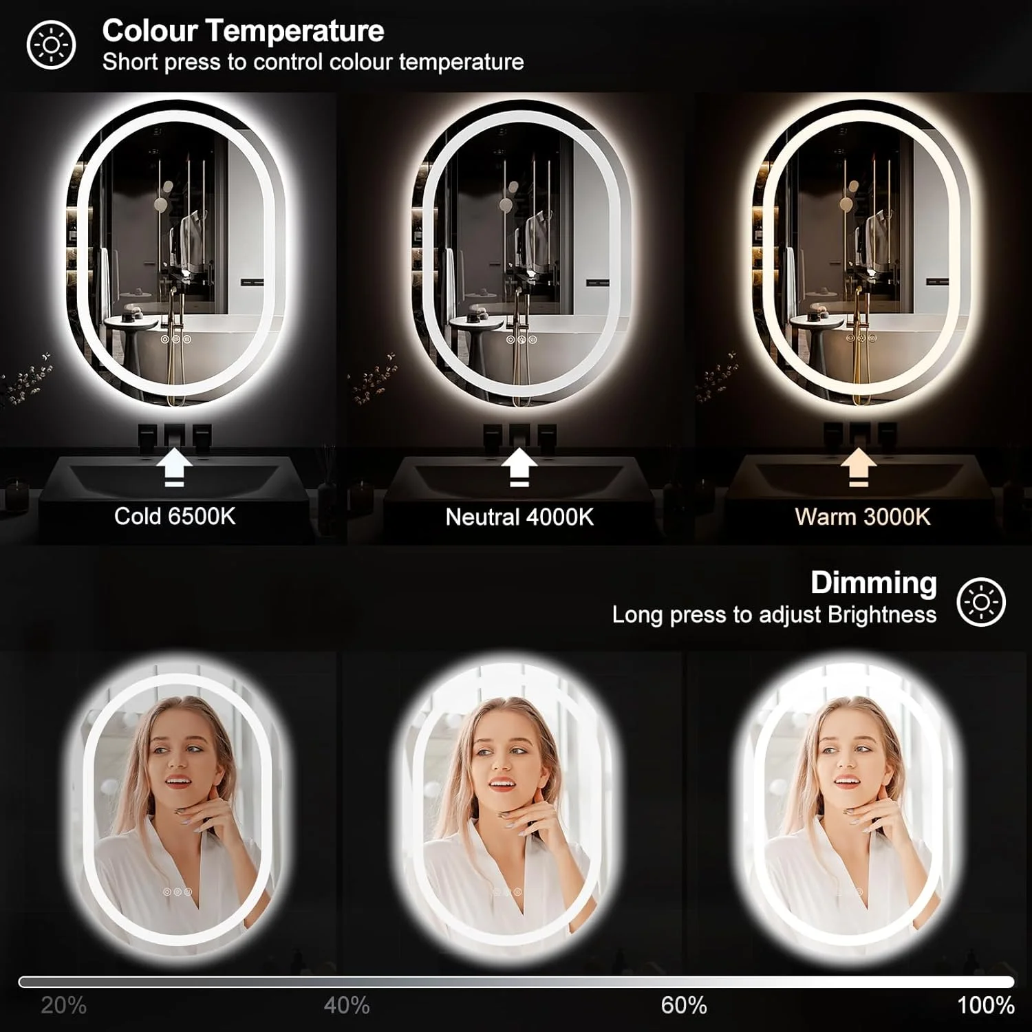 آینه بیضی ال ای دی 600x800 میلی‌متری مناسب حمام، نصب دیواری، با قابلیت تنظیم نور پیوسته، سه دمای رنگی، ضد بخار، نصب افقی/عمودی