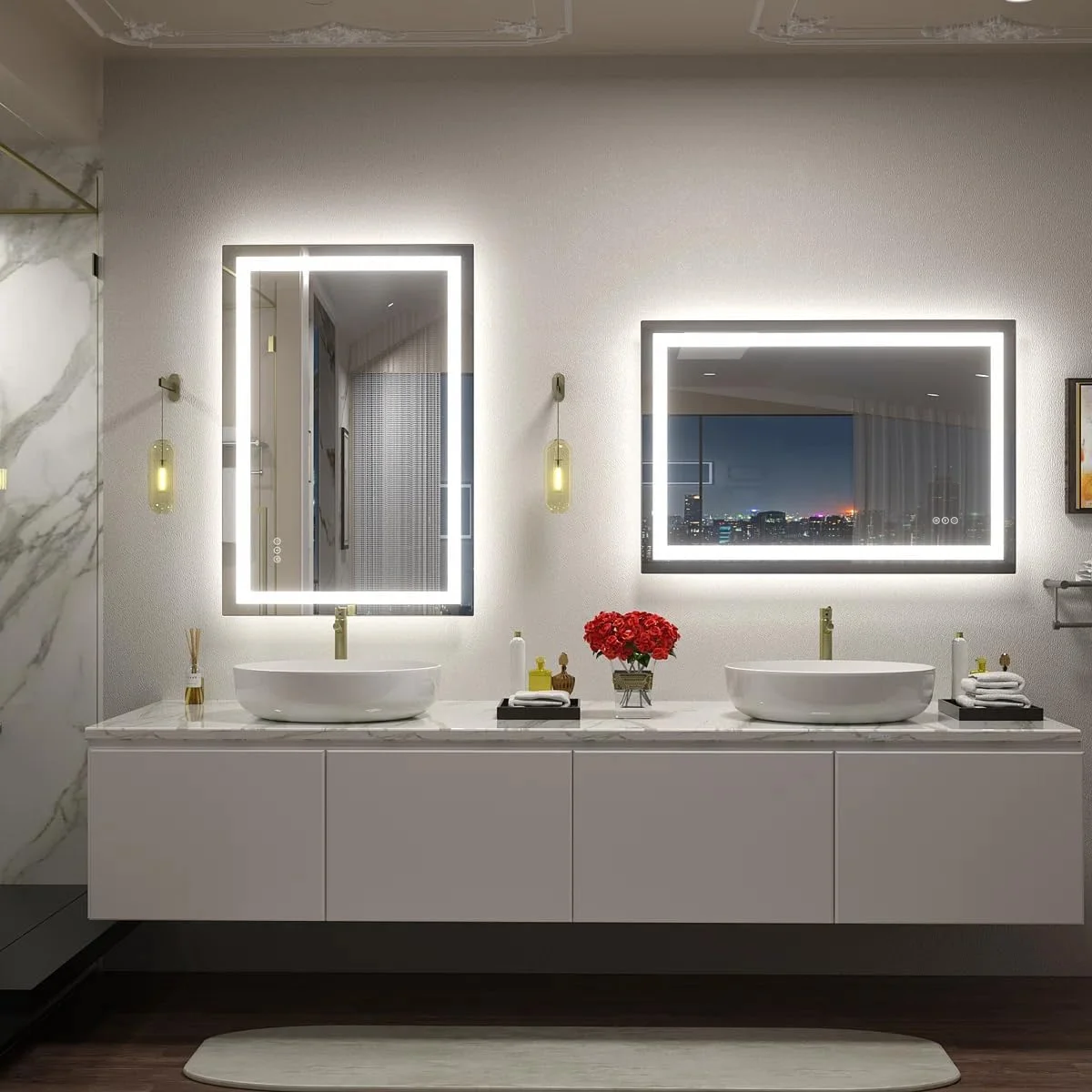 آینه حمام ال ای دی 60x90 با نور پس زمینه و چراغ های جلو، آینه روشویی روشن برای دیوار، ضد بخار، حافظه، ضد خرد شدن، دارای گواهی ETL (افقی/عمودی)