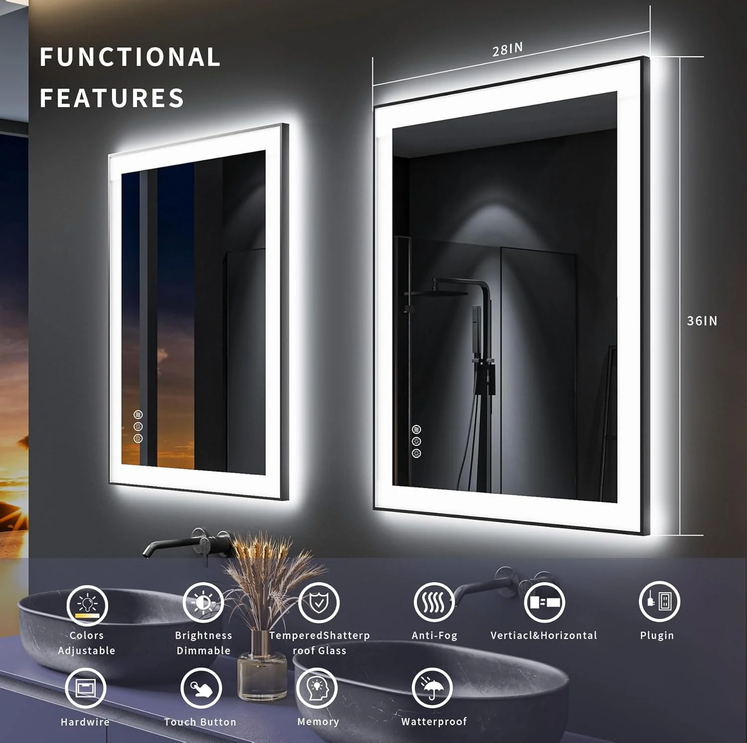 آینه روشویی LED با ابعاد 71x91 سانتی متر، آینه آرایش دیواری دیمردار با قاب مشکی، نور پس زمینه و نور جلو، ضد بخار، شیشه سکوریت ضد خرد شدن، حافظه، نصب افقی و عمودی