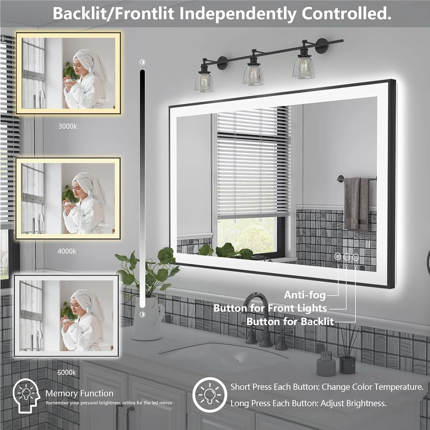 آینه حمام ال ای دی 40x24 با نور، آینه روشویی قاب دار و دیمر دار، نور پس زمینه و نور جلو (افقی/عمودی)