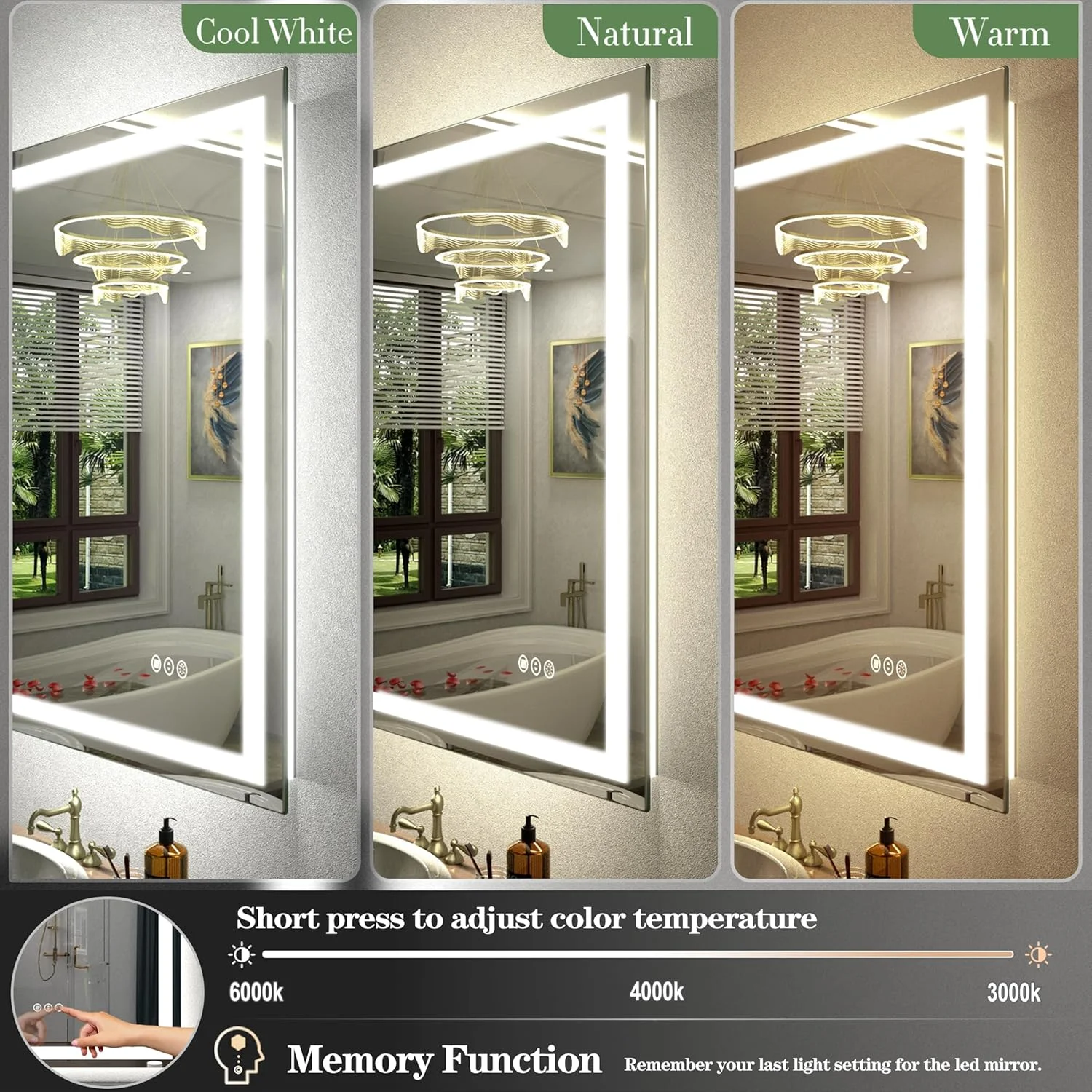 آینه حمام ال ای دی 60x90 با نور پس زمینه و چراغ های جلو، آینه روشویی روشن برای دیوار، ضد بخار، حافظه، ضد خرد شدن، دارای گواهی ETL (افقی/عمودی)