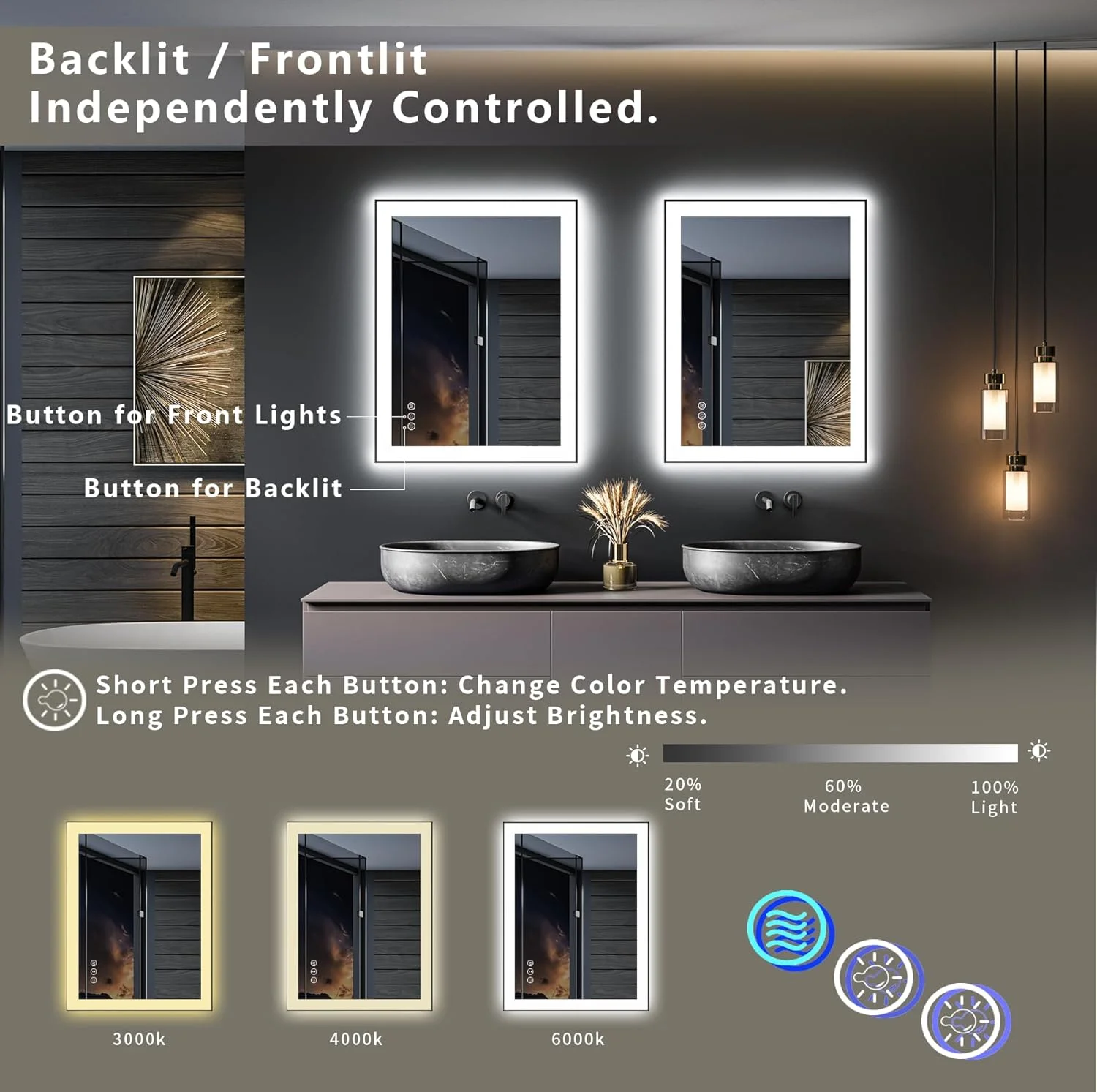 آینه روشویی LED با ابعاد 71x91 سانتی متر، آینه آرایش دیواری دیمردار با قاب مشکی، نور پس زمینه و نور جلو، ضد بخار، شیشه سکوریت ضد خرد شدن، حافظه، نصب افقی و عمودی