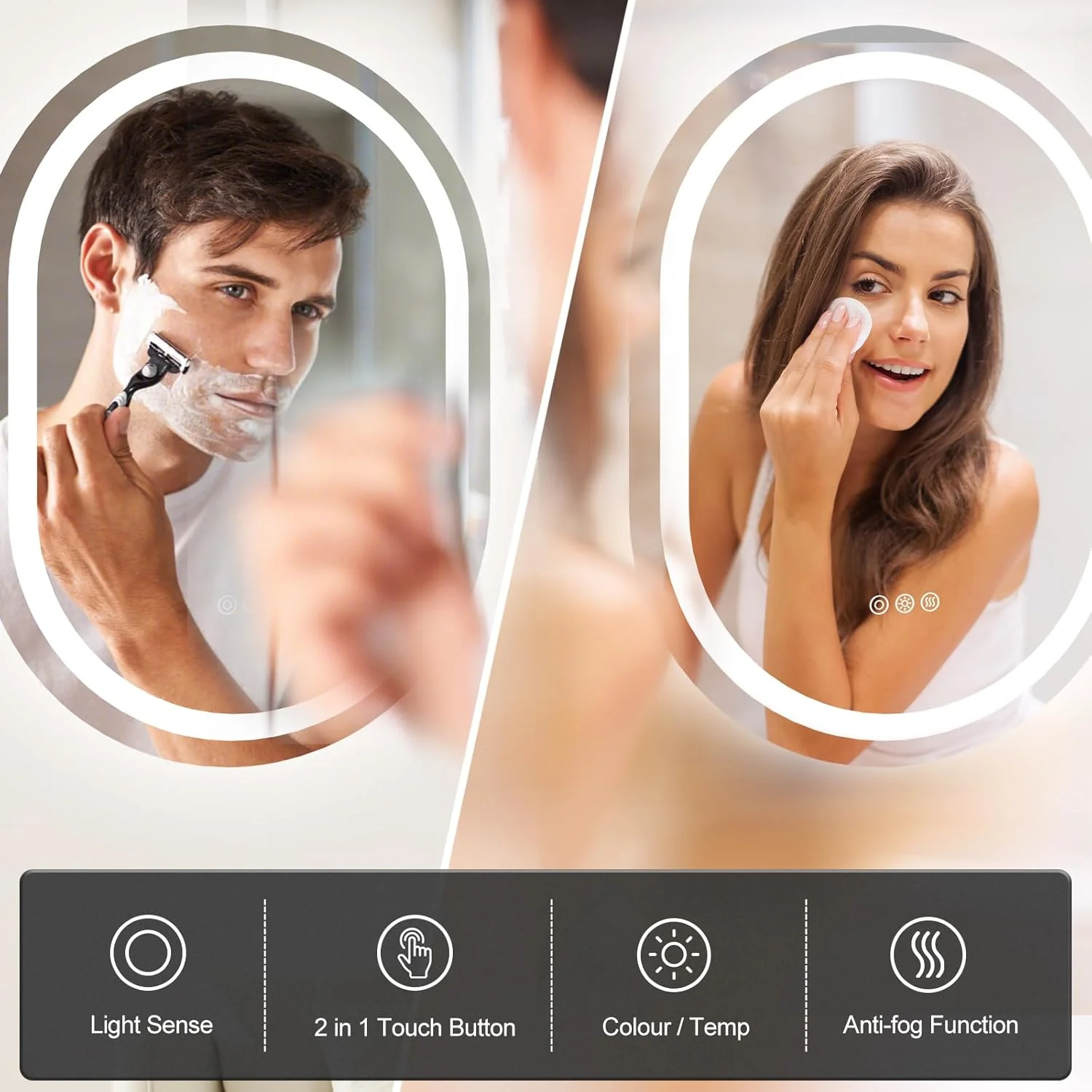 آینه بیضی ال ای دی 600x800 میلی‌متری مناسب حمام، نصب دیواری، با قابلیت تنظیم نور پیوسته، سه دمای رنگی، ضد بخار، نصب افقی/عمودی
