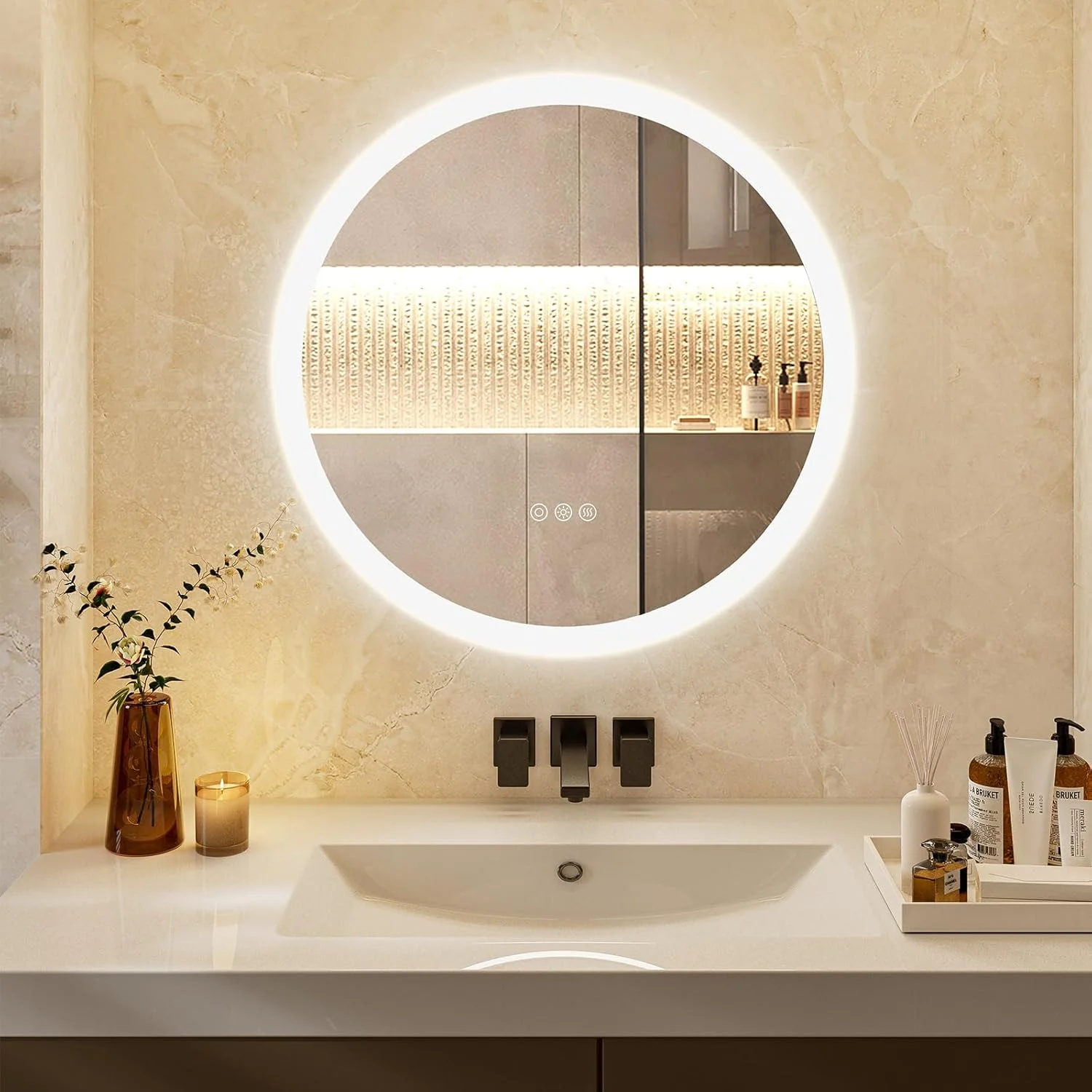 آینه حمام ال ای دی گرد 600 میلی متری با کلید لمسی، نور پس زمینه قابل تنظیم، ضد بخار، 3 حالت رنگی، عملکرد حافظه، آینه دیواری