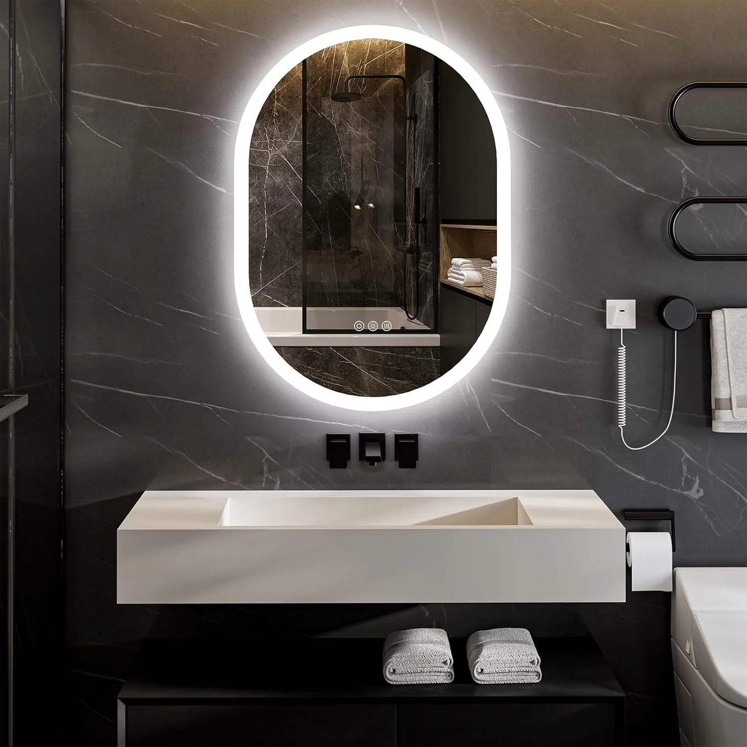 آینه حمام LED با دکمه لمسی، ضد بخار، دیمر دار، نصب عمودی و افقی، آینه LED برای حمام، 500 x 700 میلی متر، آینه روشویی دیواری با نورپردازی