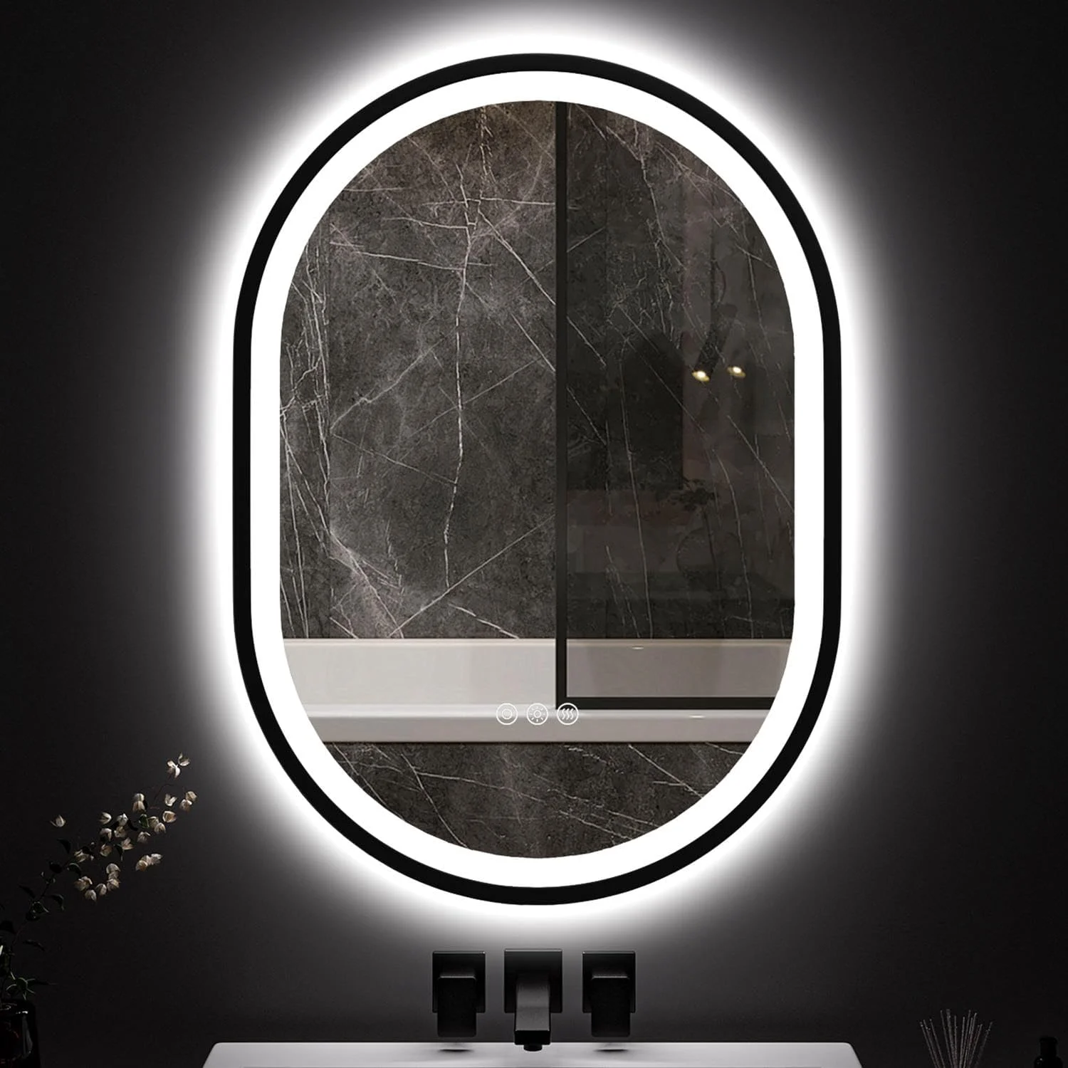 آینه حمام LED بیضی شکل با قاب 600x800mm، آینه حمام ضد بخار و دیمردار با نورپردازی LED، آینه دیواری حمام با 3 رنگ و حافظه، قاب مشکی