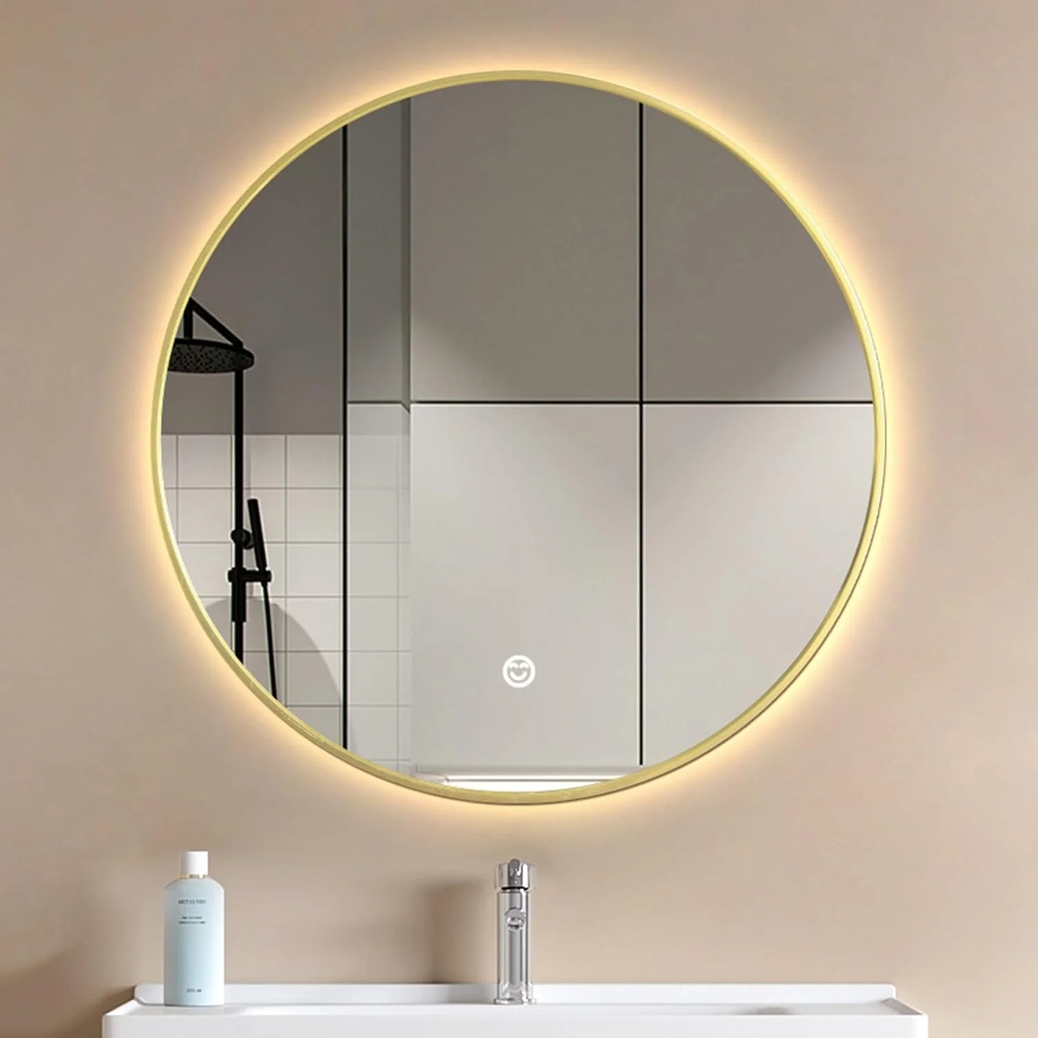 آینه گرد دیواری، آینه حمام ال ای دی، آینه روشویی گرد، آینه حمام با نور، آینه حمام ضد بخار گرم شونده، کلید لمسی، ضد انفجار، آینه گرد ال ای دی دیواری حمام (طلایی، نور سه رنگ)