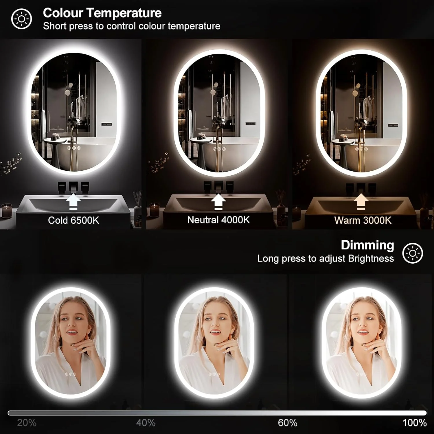 آینه حمام LED با دکمه لمسی، ضد بخار، دیمر دار، نصب عمودی و افقی، آینه LED برای حمام، 500 x 700 میلی متر، آینه روشویی دیواری با نورپردازی