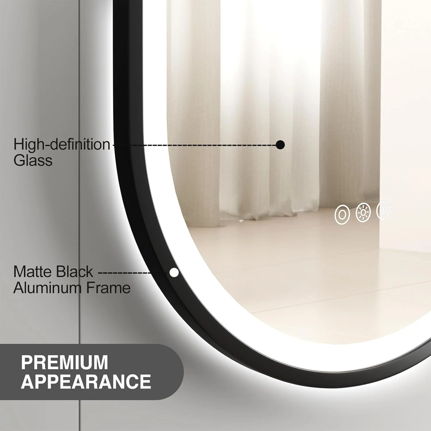 آینه حمام LED بیضی شکل با قاب 600x800mm، آینه حمام ضد بخار و دیمردار با نورپردازی LED، آینه دیواری حمام با 3 رنگ و حافظه، قاب مشکی