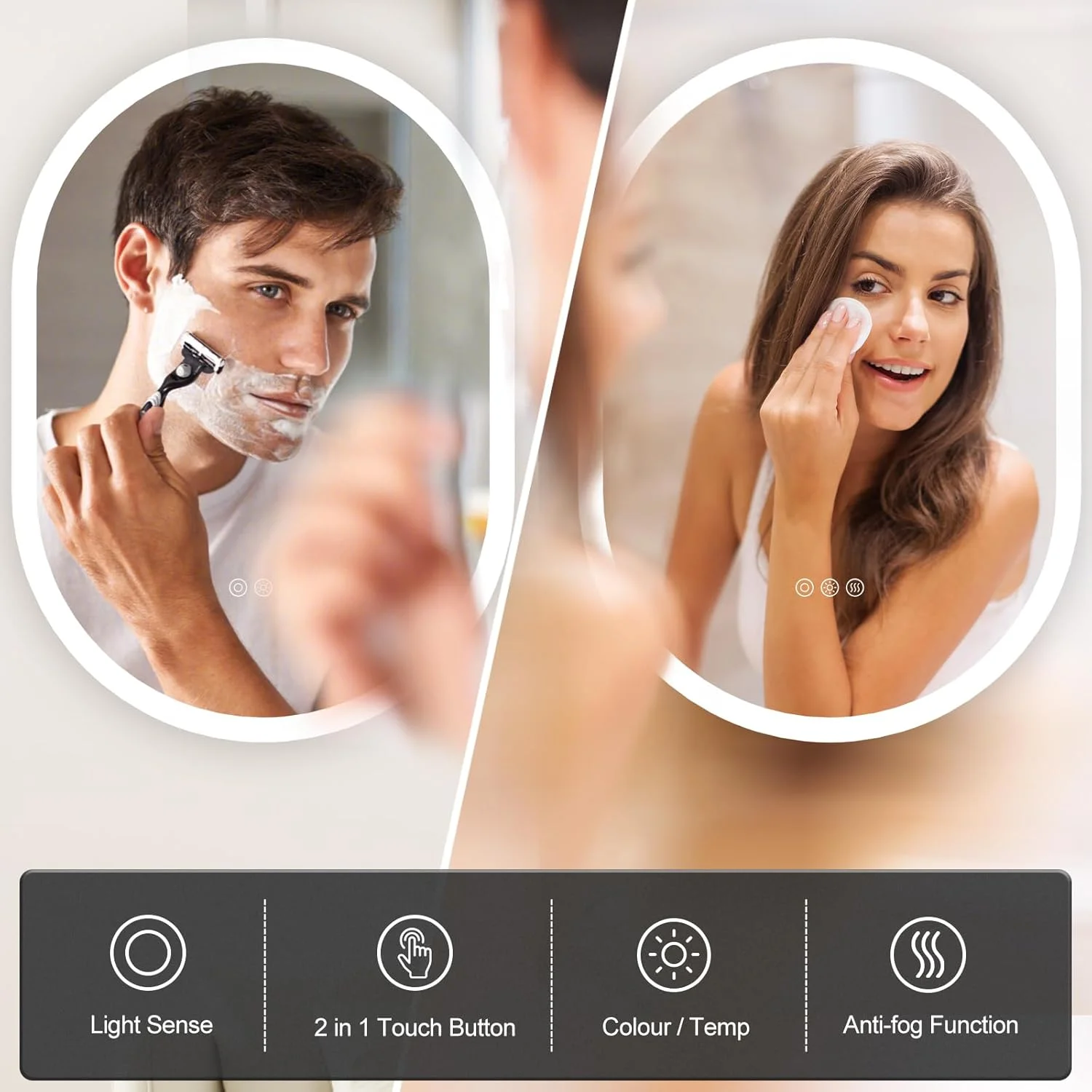 آینه حمام LED با دکمه لمسی، ضد بخار، دیمر دار، نصب عمودی و افقی، آینه LED برای حمام، 500 x 700 میلی متر، آینه روشویی دیواری با نورپردازی