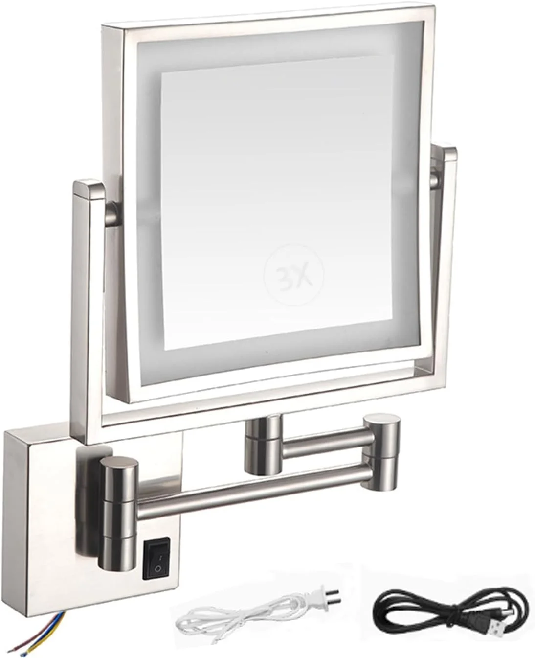 آینه آرایشی ال ای دی، آینه آرایشی دو طرفه مربعی با نور پس زمینه، آینه های دیواری حمام، آینه بزرگنمایی 1X/3X نصب شده روی دیوار با قابلیت چرخش 360 درجه، دوشاخه USB، نقره ای برس خورده