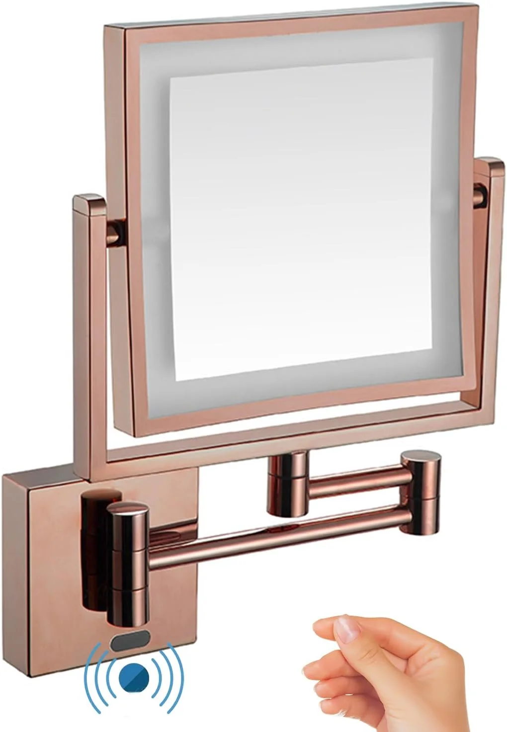 آینه آرایشی ال ای دی، آینه آرایشی دو طرفه مربعی با بزرگنمایی 3 برابر، آینه های دیواری حمام، دکوراسیون ساده و لوکس برای هتل، دو چرخش، سیم کشی شده، رزگلد