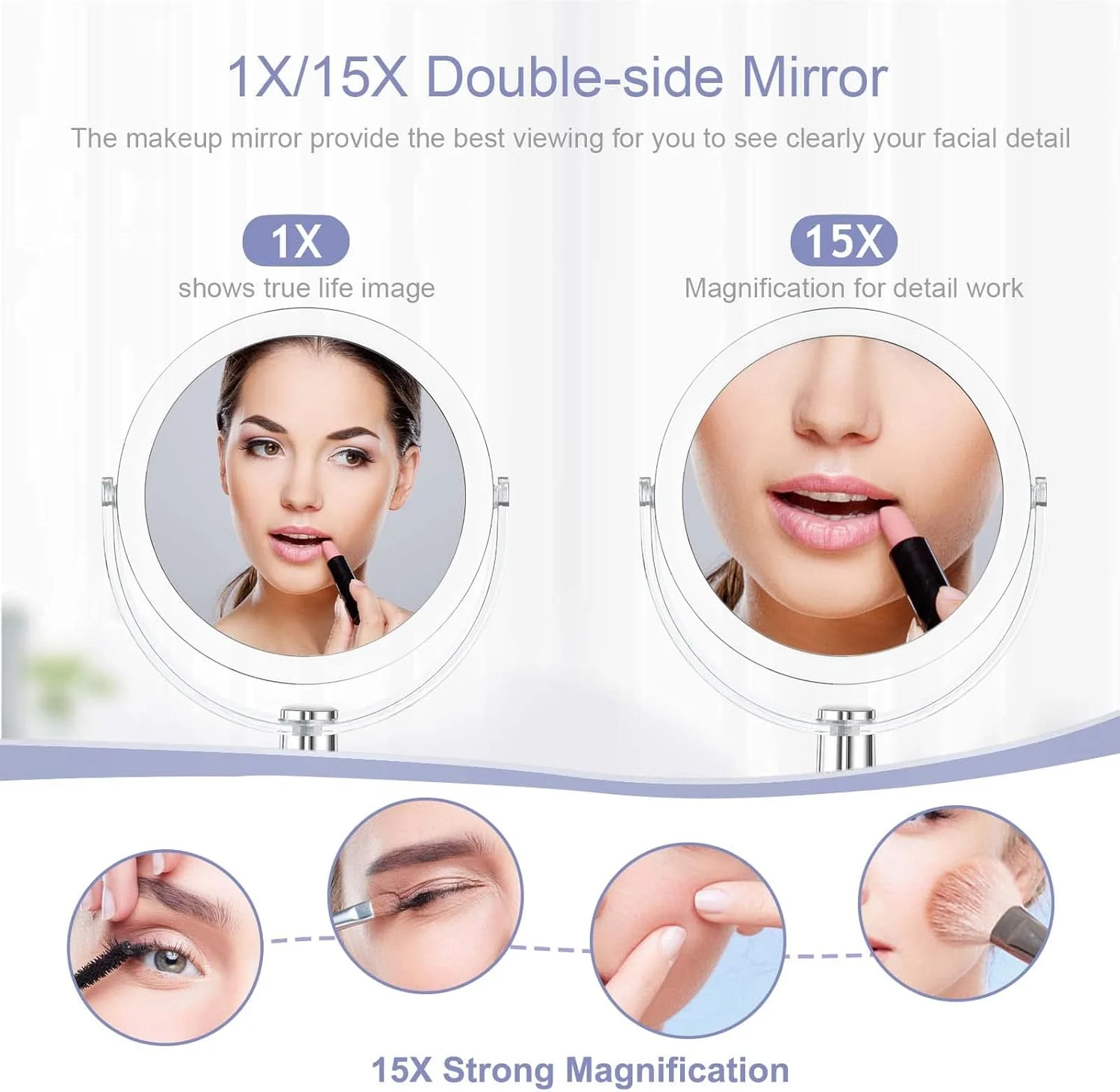 آینه آرایشی با پایه، بزرگنمایی 1X/15X دو طرفه با قابلیت چرخش 360 درجه، آینه رومیزی قابل حمل 6.25 اینچی برای آرایش و اصلاح آینه آرایشی با پایه، بزرگنمایی 1X/15X دو طرفه با قابلیت چرخش 360 درجه، آینه رومیزی قابل حمل 6.25 اینچی برای آرایش و اصلاح