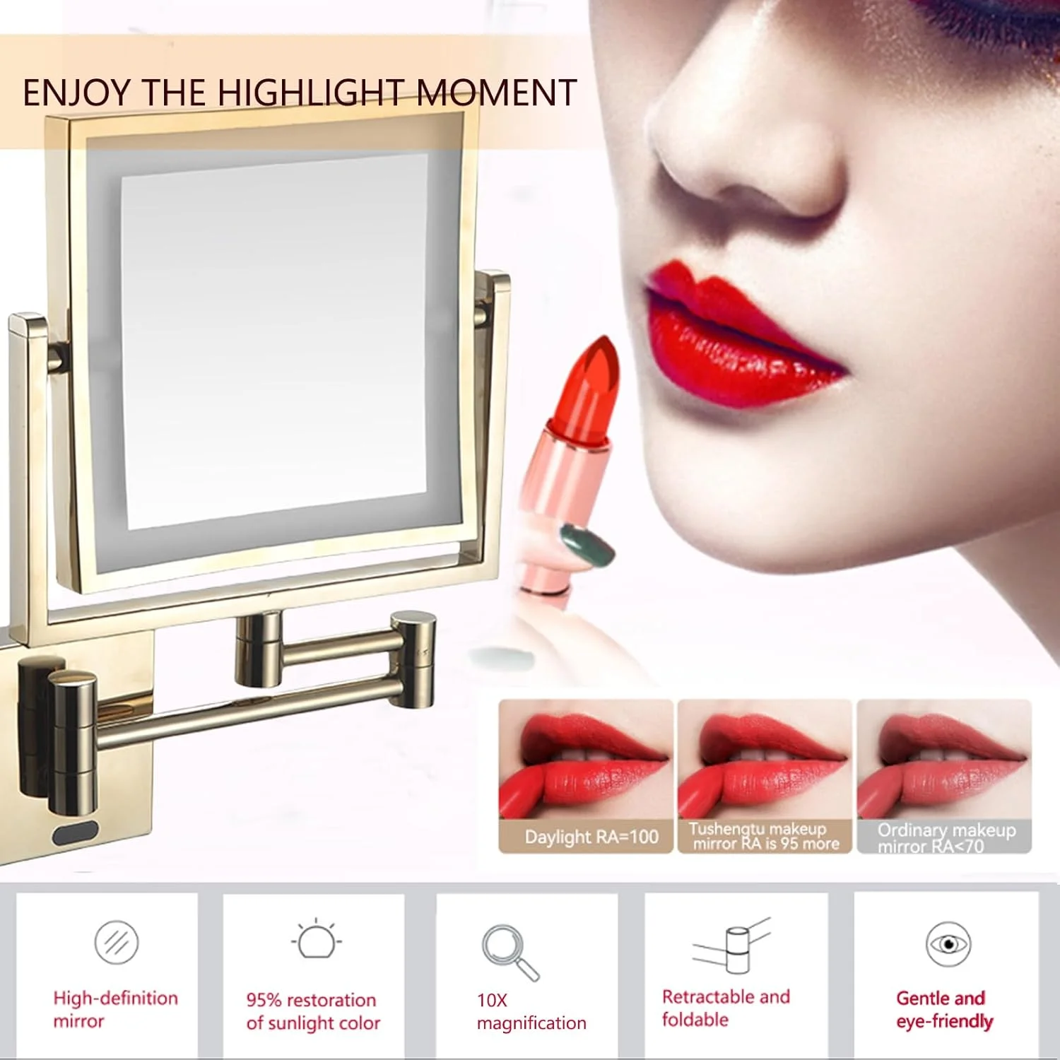 آینه آرایشی ال ای دی، آینه آرایشی دو طرفه مربعی با بزرگنمایی 3 برابر، آینه های دیواری حمام، دکوراسیون ساده و لوکس برای هتل، دو چرخش، سیم کشی شده، رزگلد