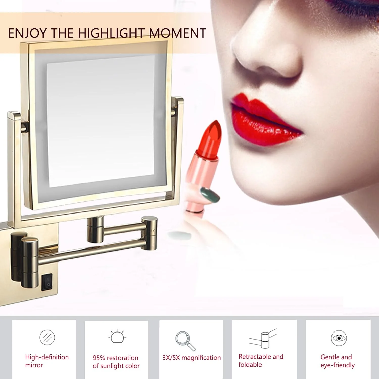 آینه آرایشی ال ای دی، آینه آرایشی دو طرفه مربعی با نور پس زمینه، آینه های دیواری حمام، آینه بزرگنمایی 1X/3X نصب شده روی دیوار با قابلیت چرخش 360 درجه، دوشاخه USB، نقره ای برس خورده