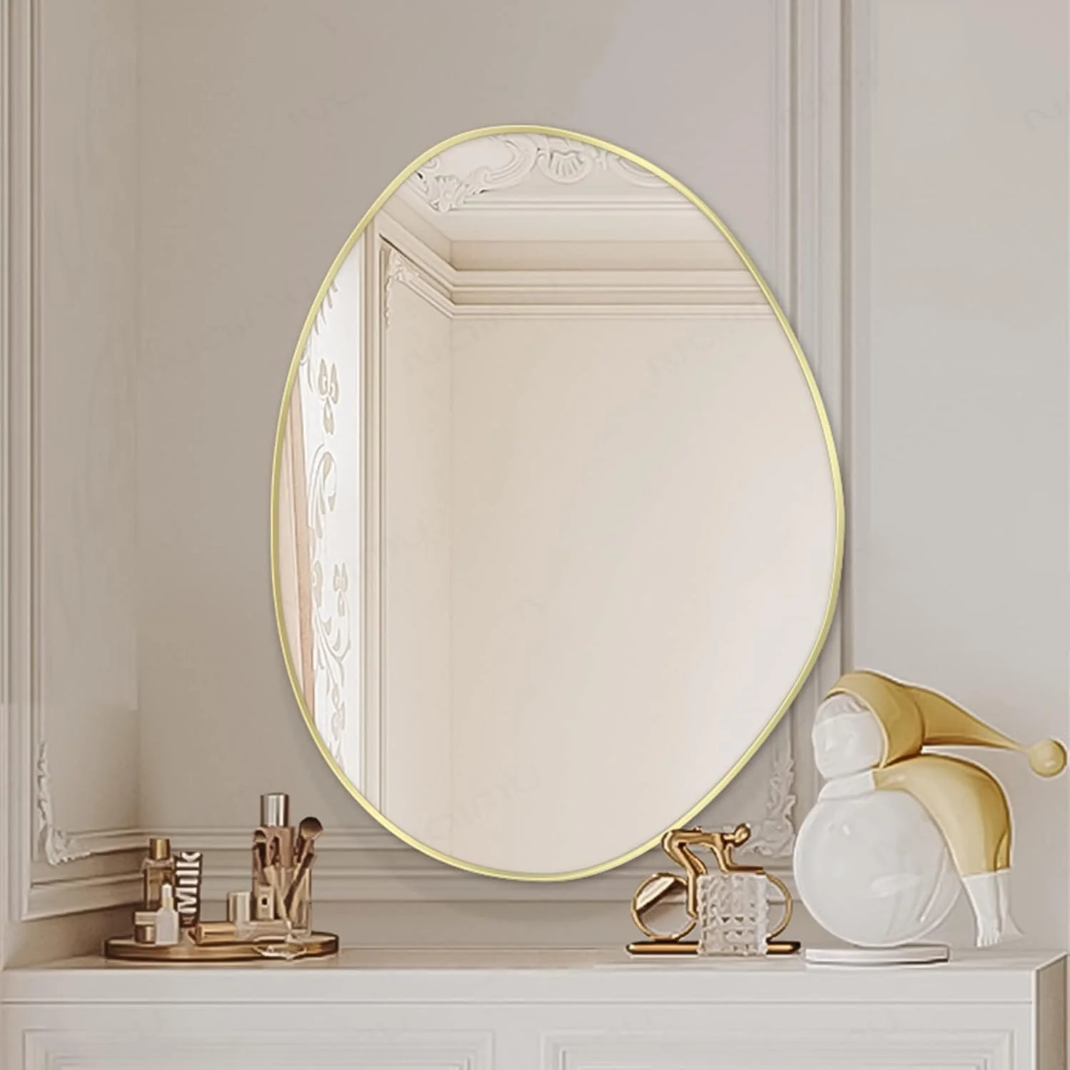 آینه نامنظم خلاقانه حمام، قاب آلومینیومی برس خورده، آینه دیواری تزئینی طلایی، آینه نامتقارن، آینه بزرگ روشویی، مناسب اتاق نشیمن، اتاق خواب، راهروی ورودی حمام (اندازه: 60cmX80cm)