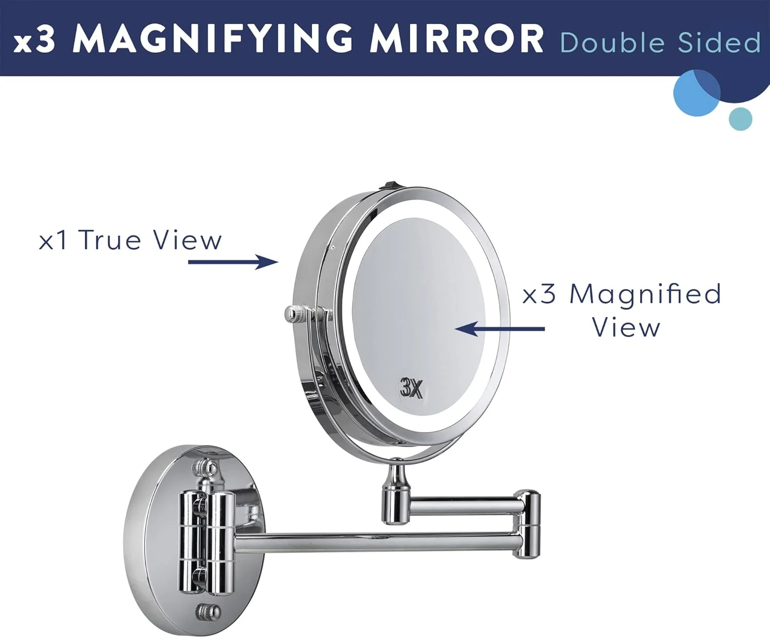 آینه آرایشی بزرگنمایی دار و چراغ دار تاشو Croydex، نصب دیواری کروم، آینه حمام چرخان 360 درجه با چراغ های LED، با باتری کار می کند، دو طرفه، بزرگنمایی 3x/1x
